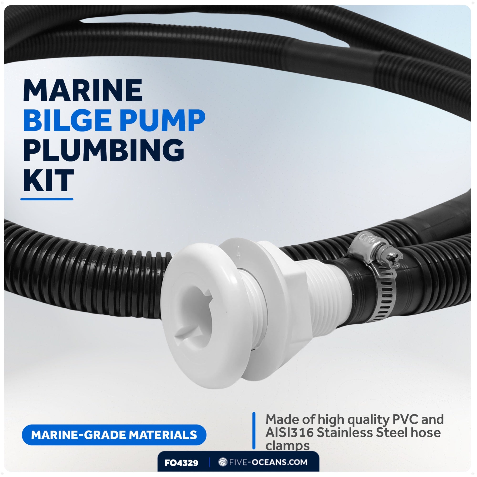 Bilge Pump Plumbing Kit, 7' Black PVC Hose 3/4", 2 Hose Clamps, Thru-Hull Fitting - FO4329 - Five Oceans
