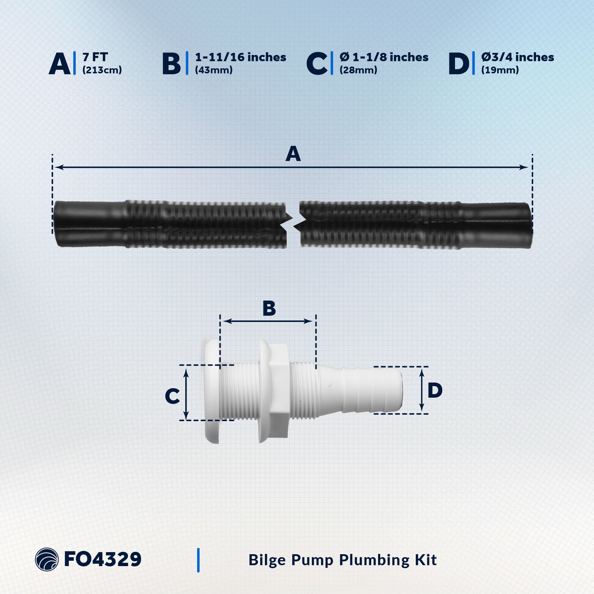 Bilge Pump Plumbing Kit, 7' Black PVC Hose 3/4", 2 Hose Clamps, Thru-Hull Fitting - FO4329 - Five Oceans