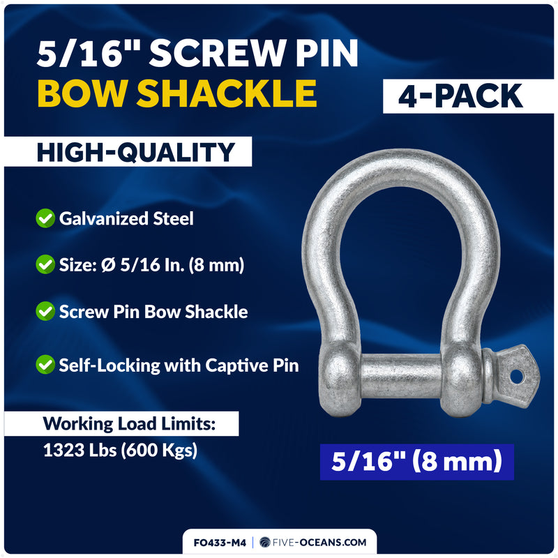 5/16" Screw Pin Bow Anchor Shackle, Hot-Dipped Galvanized Steel, 4-Pack