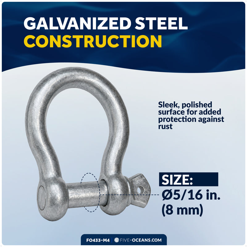 5/16" Screw Pin Bow Anchor Shackle, Hot-Dipped Galvanized Steel, 4-Pack
