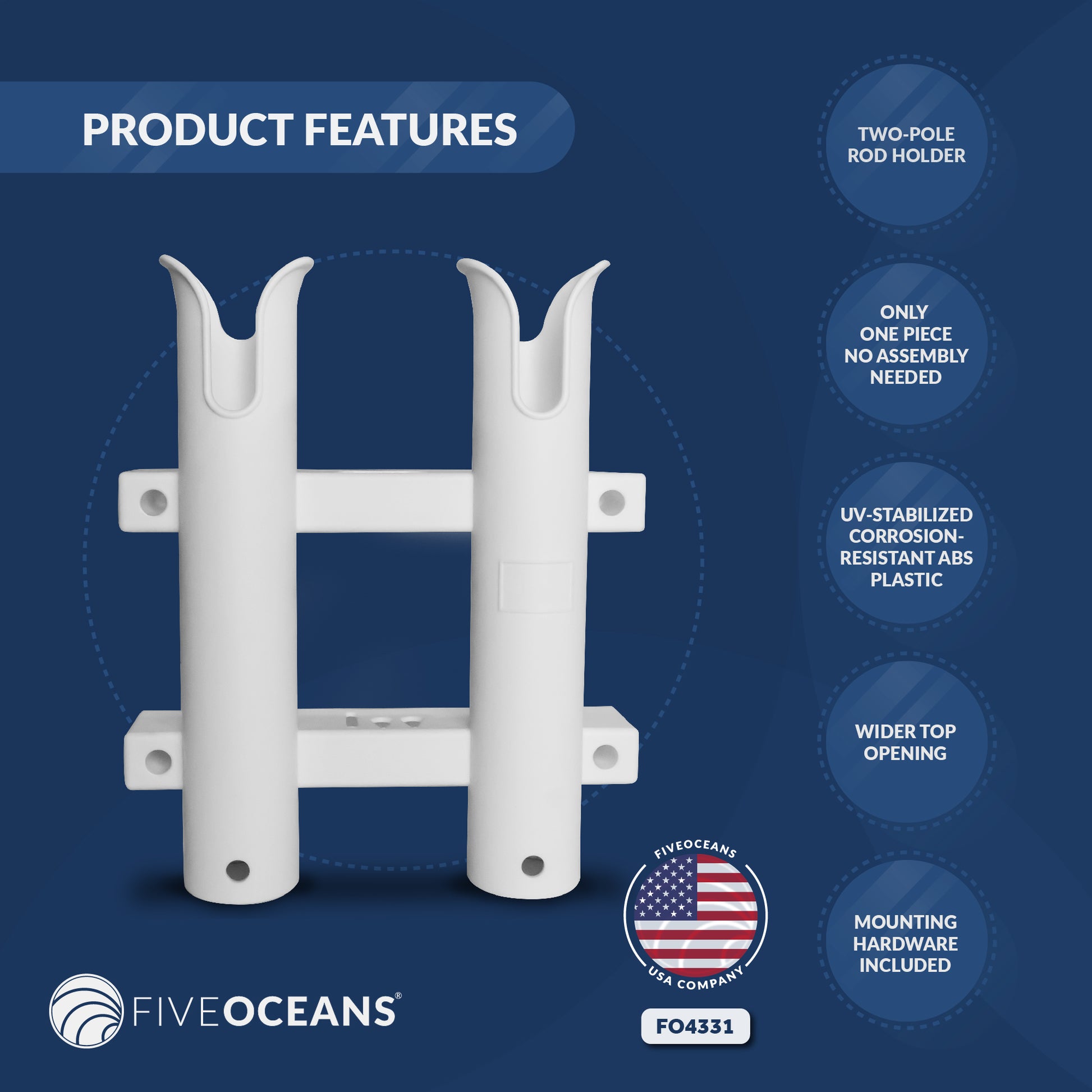 2-Tube Rod Holder, White, Side-Mount - FO4331 - Five Oceans