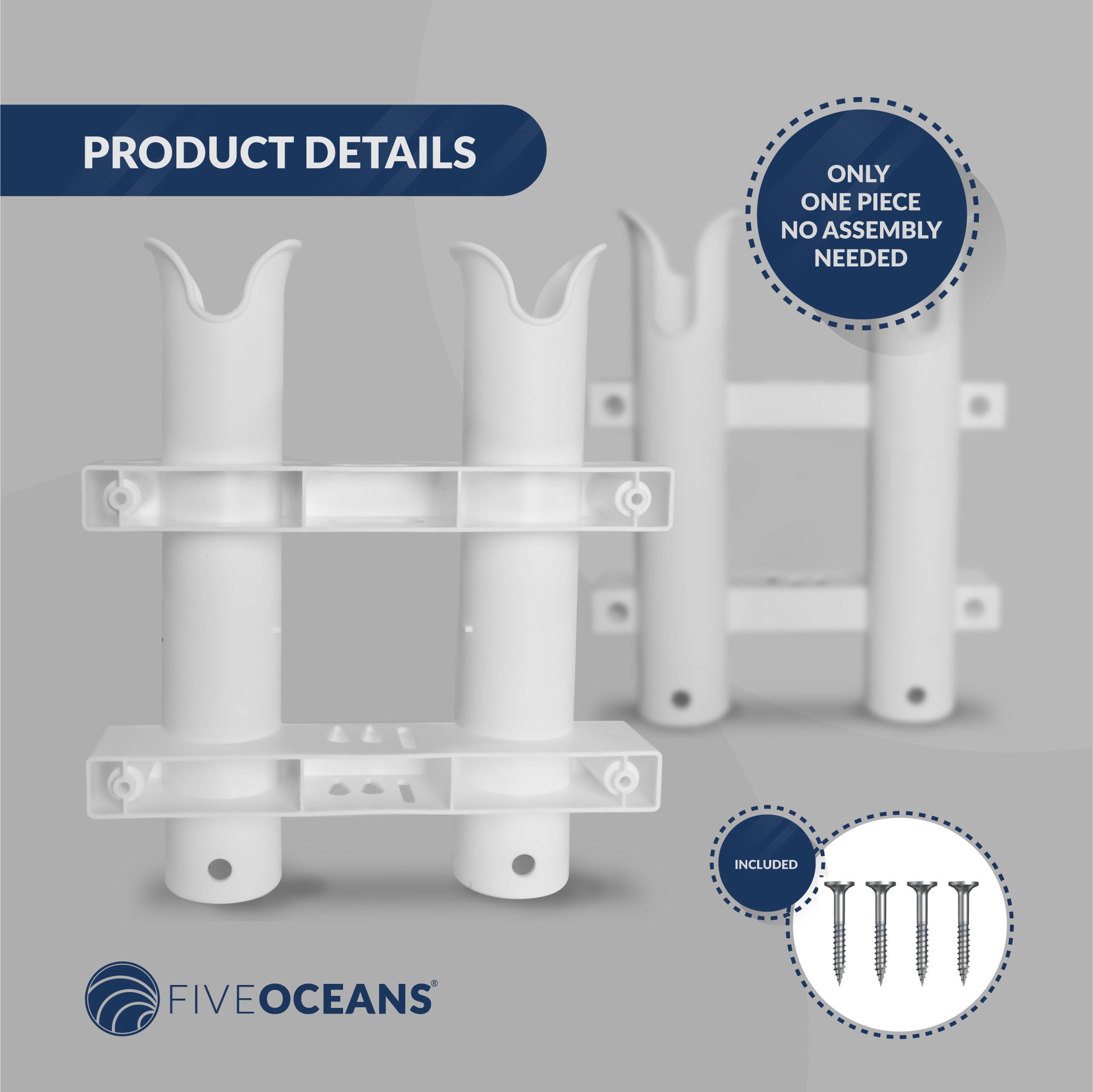 2-Tube Rod Holder, White, Side-Mount - FO4331 - Five Oceans