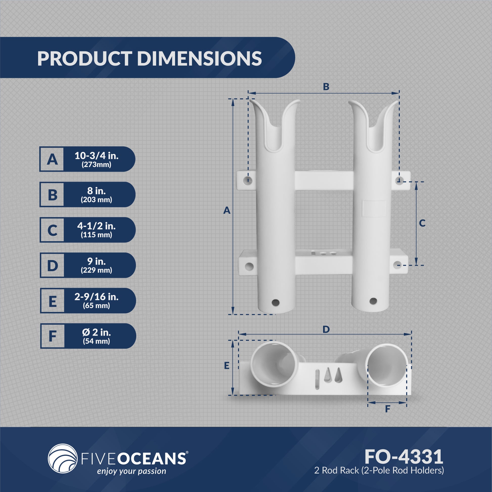 2-Tube Rod Holder, White, Side-Mount - FO4331 - Five Oceans
