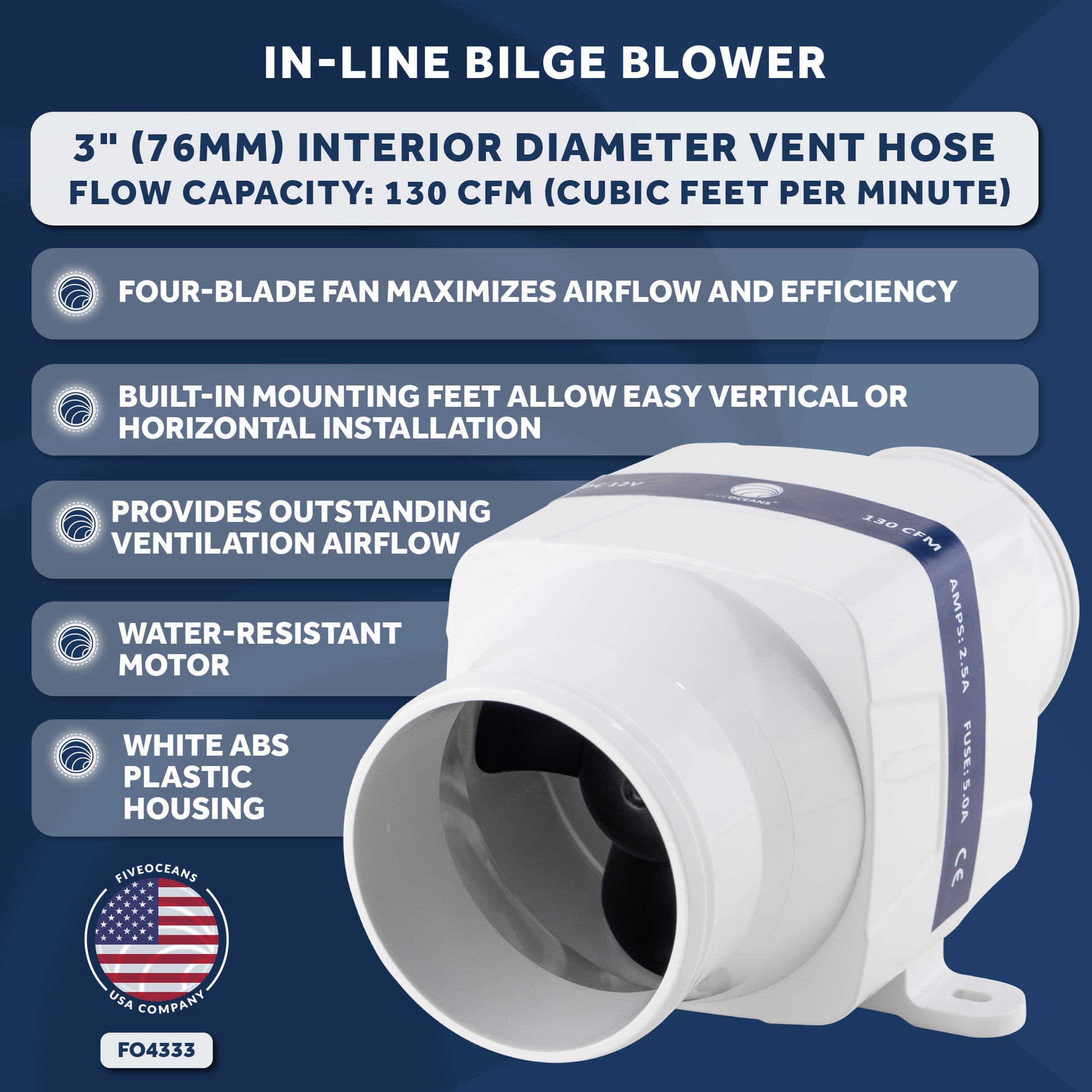 In-Line Bilge Blower, for 3" Interior Diameter Vent, Water Resistant, 12V - FO4333 - Five Oceans