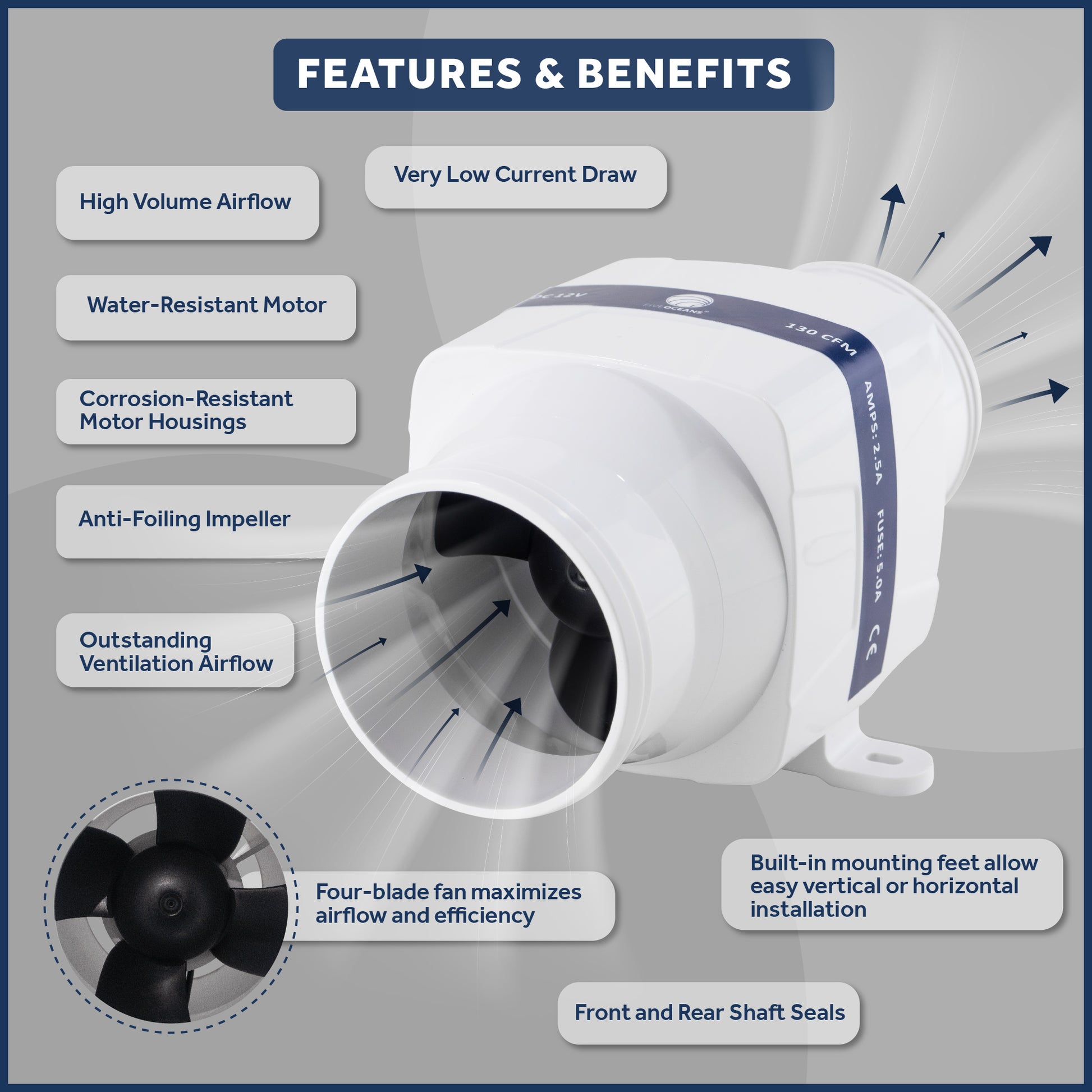 In-Line Bilge Blower, for 3" Interior Diameter Vent, Water Resistant, 12V - FO4333 - Five Oceans