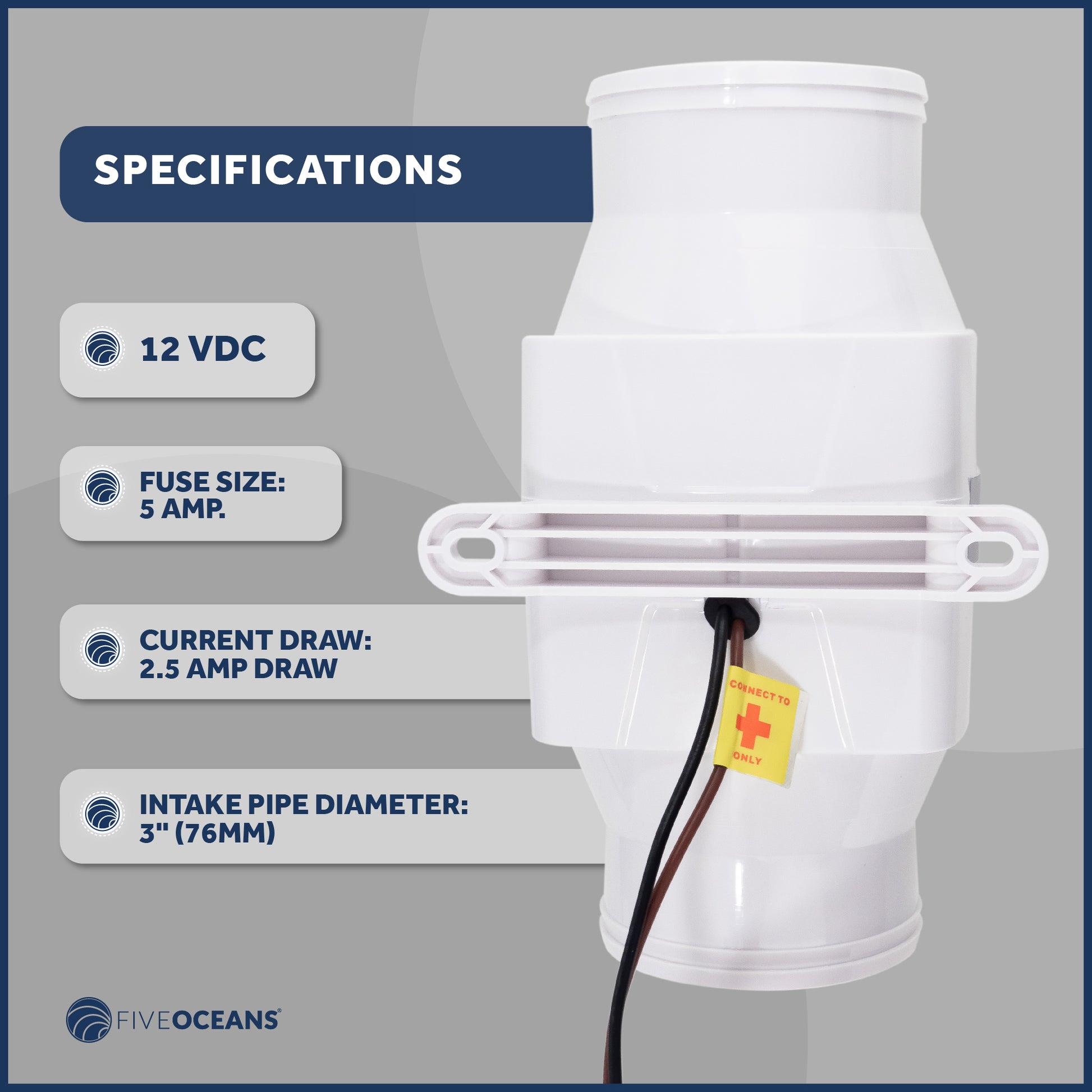 In-Line Bilge Blower, for 3" Interior Diameter Vent, Water Resistant, 12V - FO4333 - Five Oceans