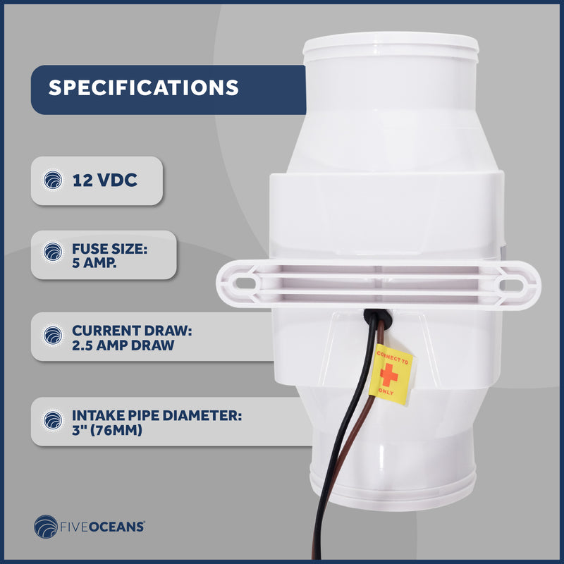 In-Line Bilge Blower, for 3" Interior Diameter Vent, Water Resistant, 12V - FO4333 - Five Oceans