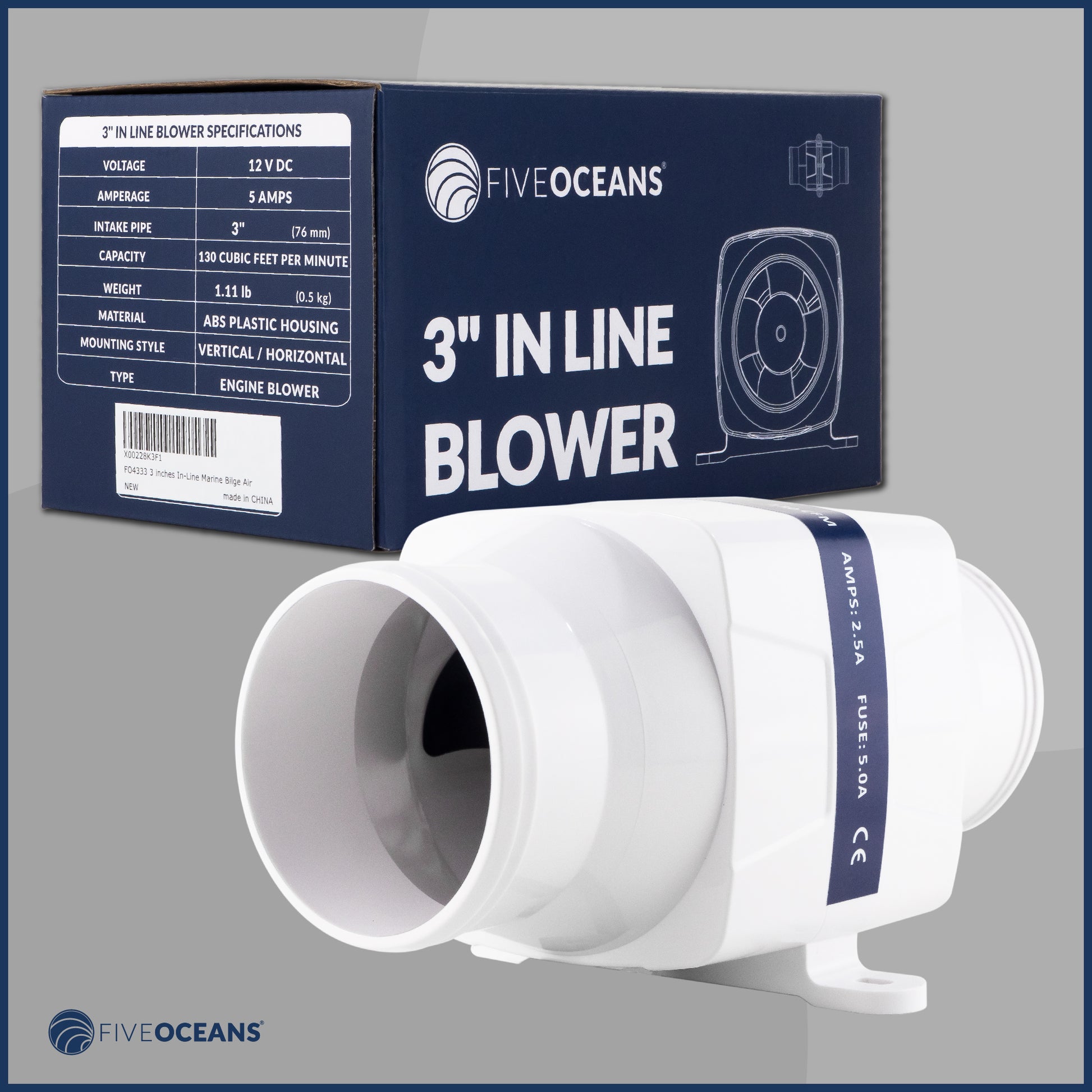 In-Line Bilge Blower, for 3" Interior Diameter Vent, Water Resistant, 12V - FO4333 - Five Oceans