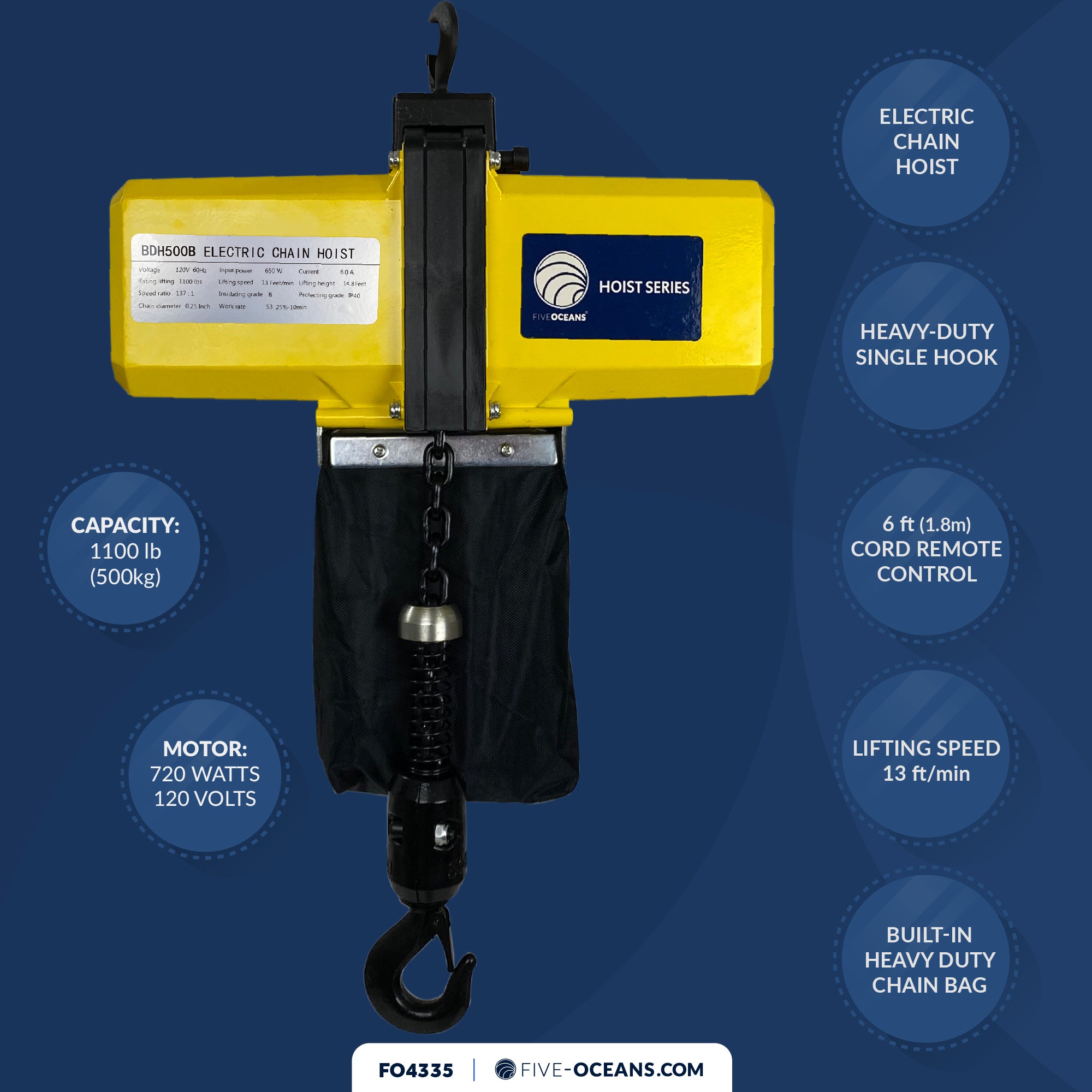 1100 Lb / 500 Kg Electric Chain Hoist with 6Ft Cable Control, 120V - FO4335