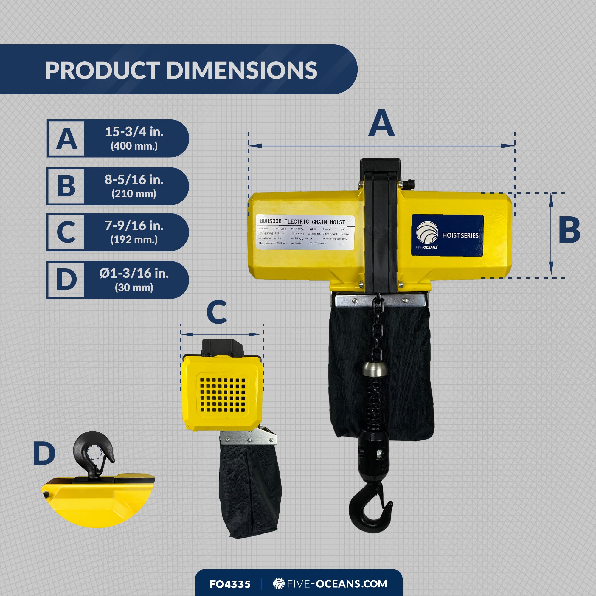 1100 Lb / 500 Kg Electric Chain Hoist with 6Ft Cable Control, 120V - FO4335