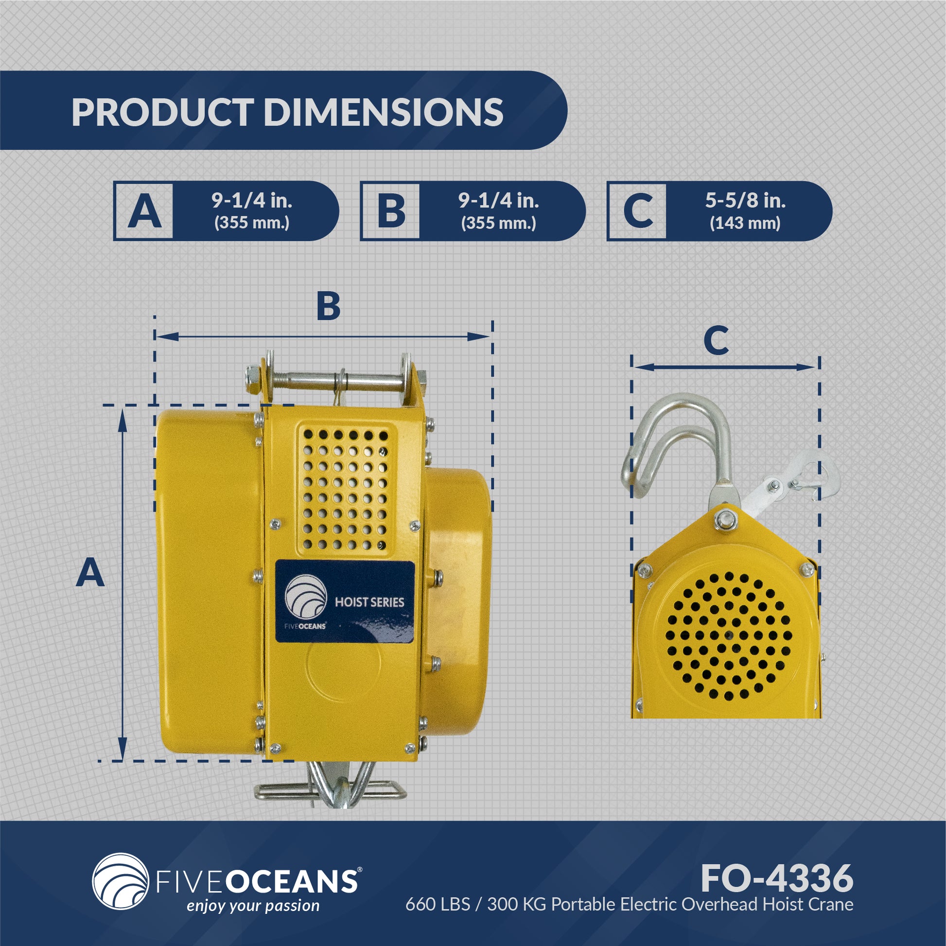 Portable Electric Hoist, Winch, 660 LBS / 300 KG,  6FT Remote Control - FO4336 - Five Oceans