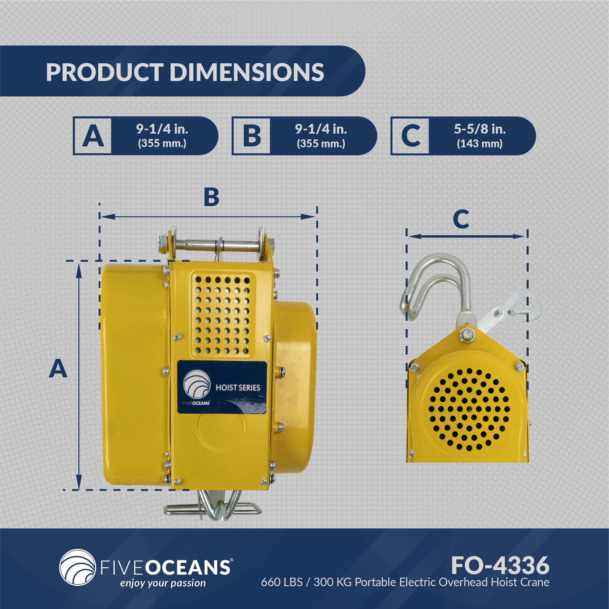 Portable Electric Hoist, Winch, 660 LBS / 300 KG,  6FT Remote Control - FO4336 - Five Oceans