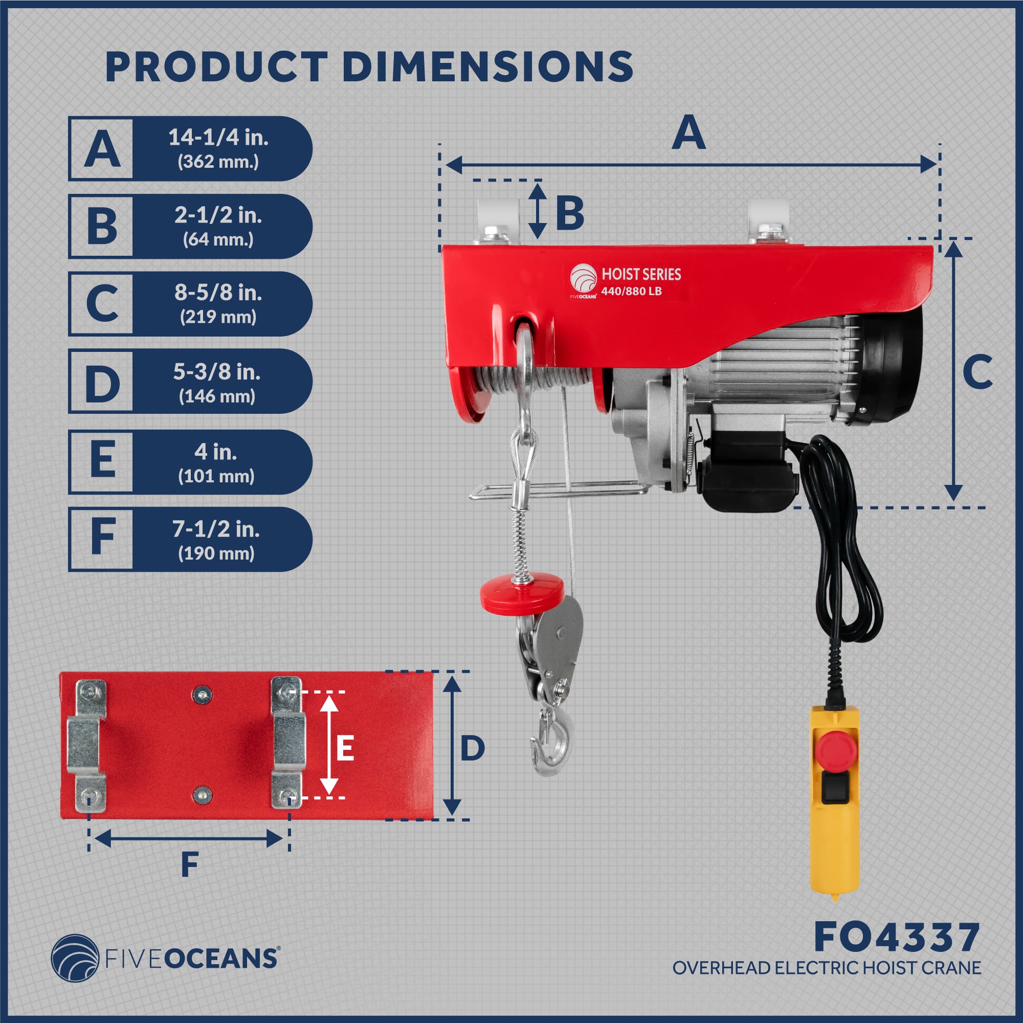 Electric Hoist, 880 Lb Electric Winch, 20FT Remote Control 120 Volts - FO4337 - Five Oceans