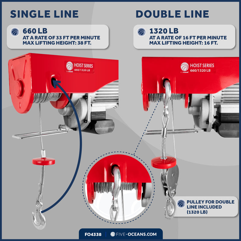 1320 Lb. Electric Hoist with 20Ft Cable Control, 120V AC - FO4338 - Five Oceans