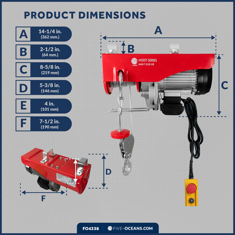 1320 Lb. Electric Hoist with 20Ft Cable Control, 120V AC - FO4338 - Five Oceans