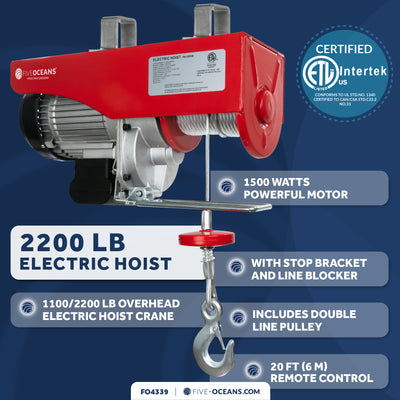 2200 Lb. Electric Hoist with 20Ft Cable Control, 120V AC - FO4339 - Five Oceans