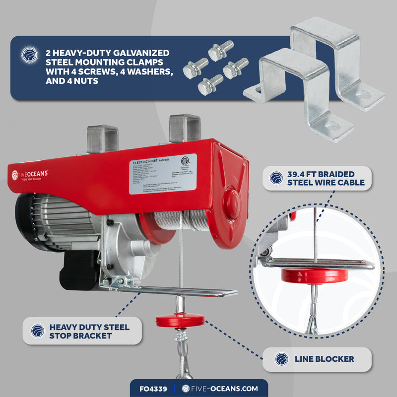 2200 Lb. Electric Hoist with 20Ft Cable Control, 120V AC - FO4339 - Five Oceans
