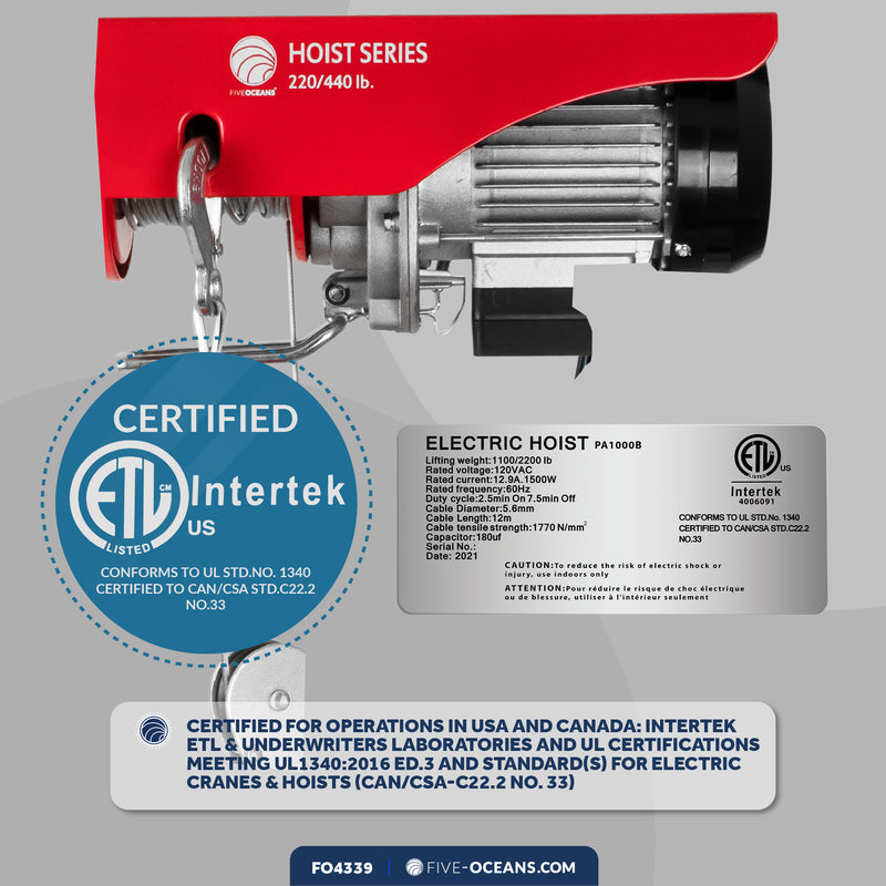 2200 Lb. Electric Hoist with 20Ft Cable Control, 120V AC - FO4339 - Five Oceans