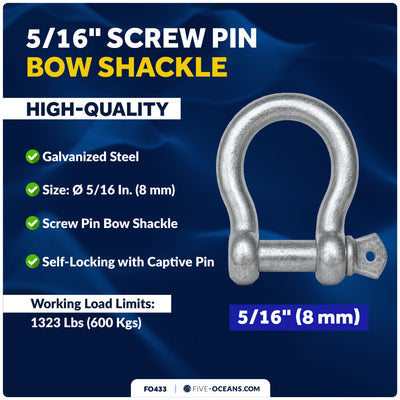 5/16" Screw Pin Bow Anchor Shackle, Hot-Dipped Galvanized Steel