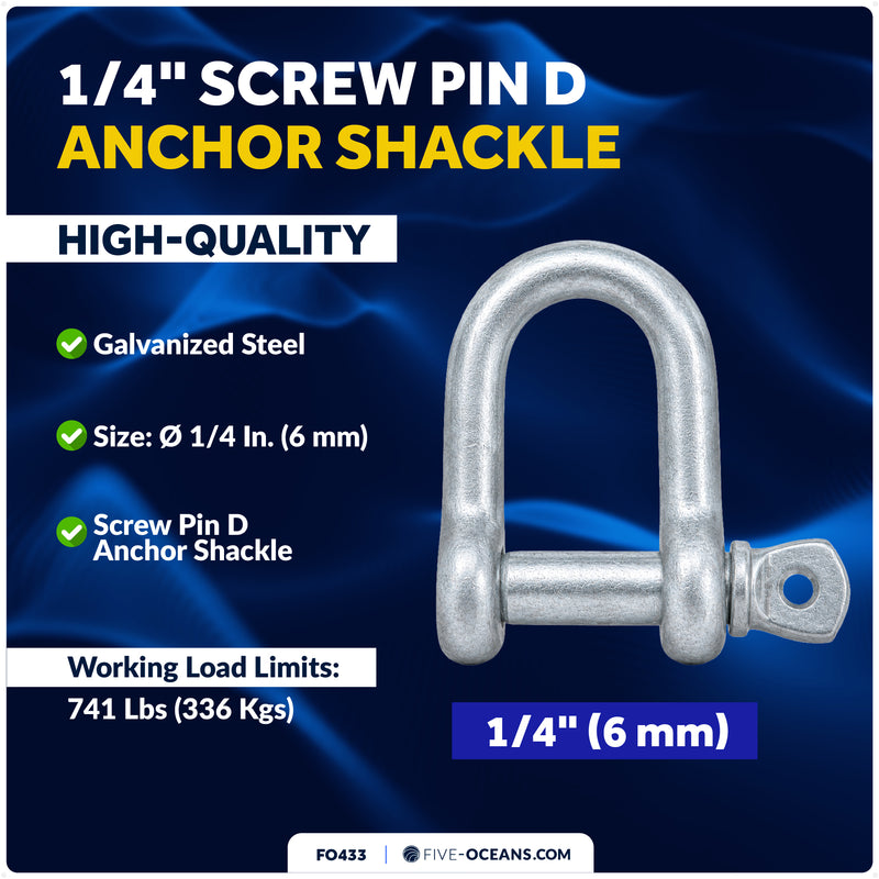 1/4" Screw Pin D Anchor Shackle, Hot-Dipped Galvanized Steel