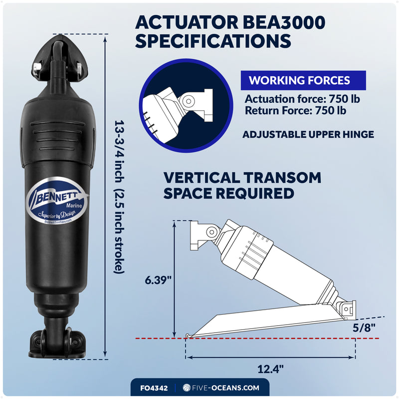 Bennett Marine Electric Trim Tab System Actuator, Adjustable Upper Hinge - BEA3000, 12V - FO4342 - Five Oceans