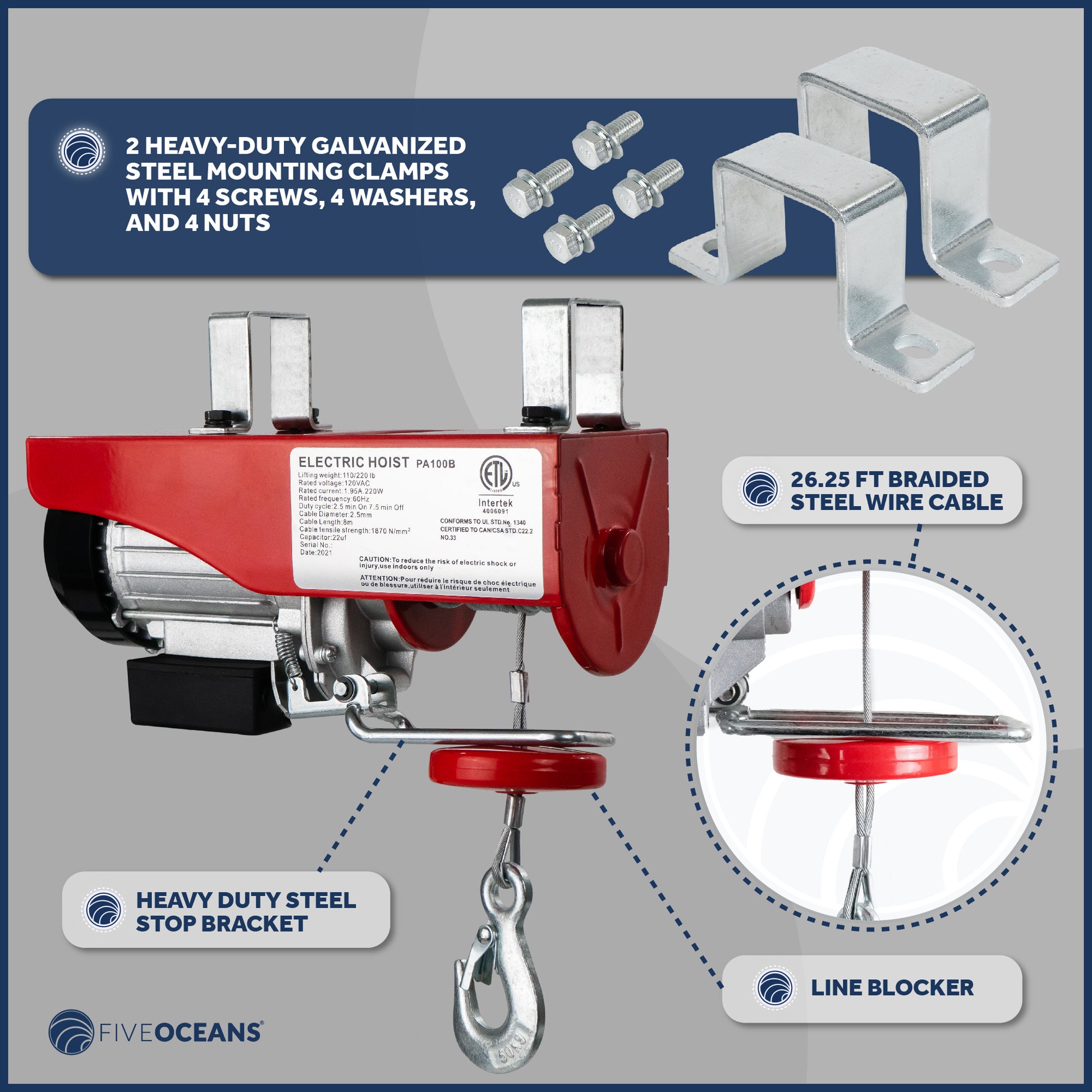 Electric Hoist, 220 Lb Electric Winch, 6FT Remote Control 120 Volts - FO4344 - Five Oceans
