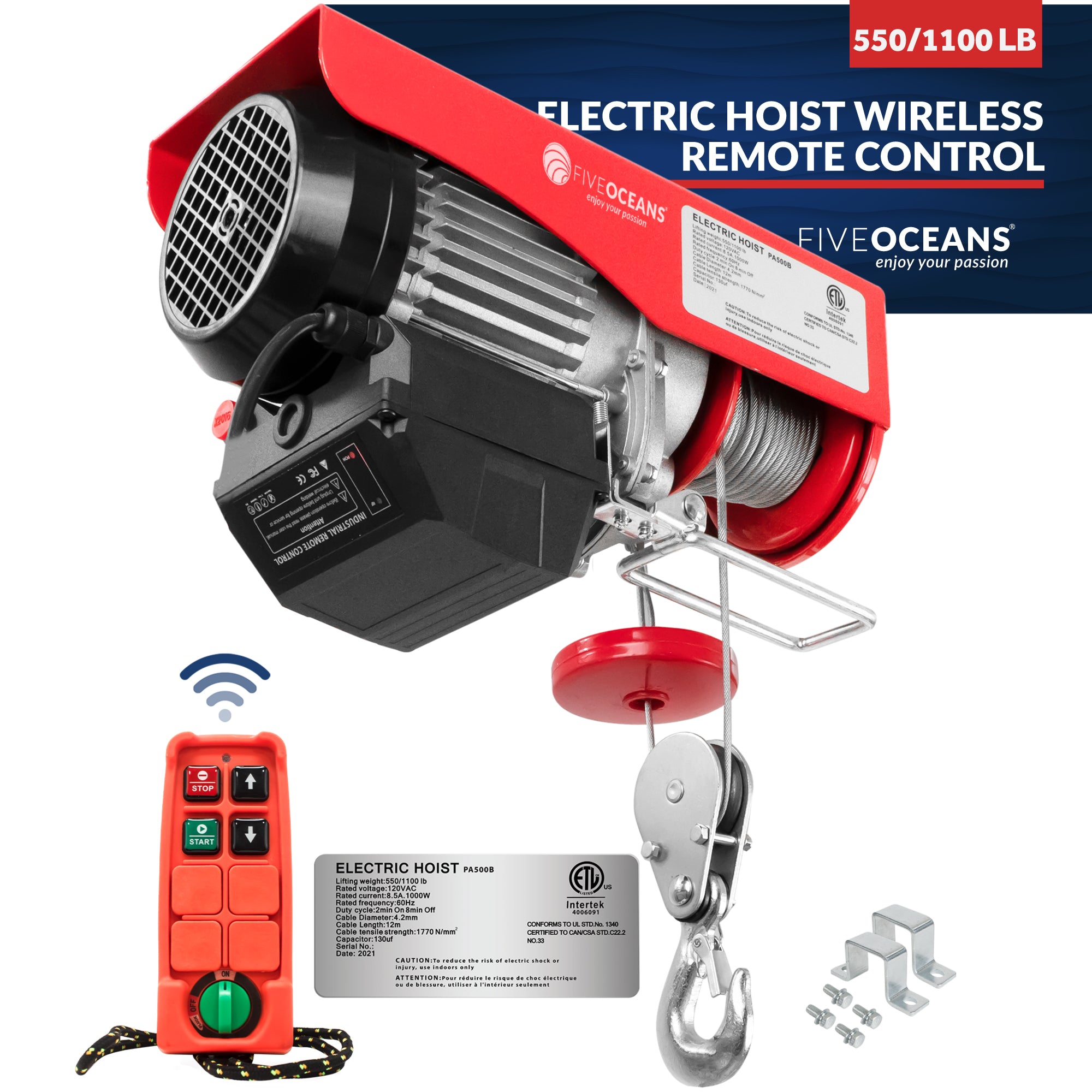 Electric Hoist, 1100 Lb Electric Winch, Wireless Remote Control 110V - FO4402 - Five Oceans