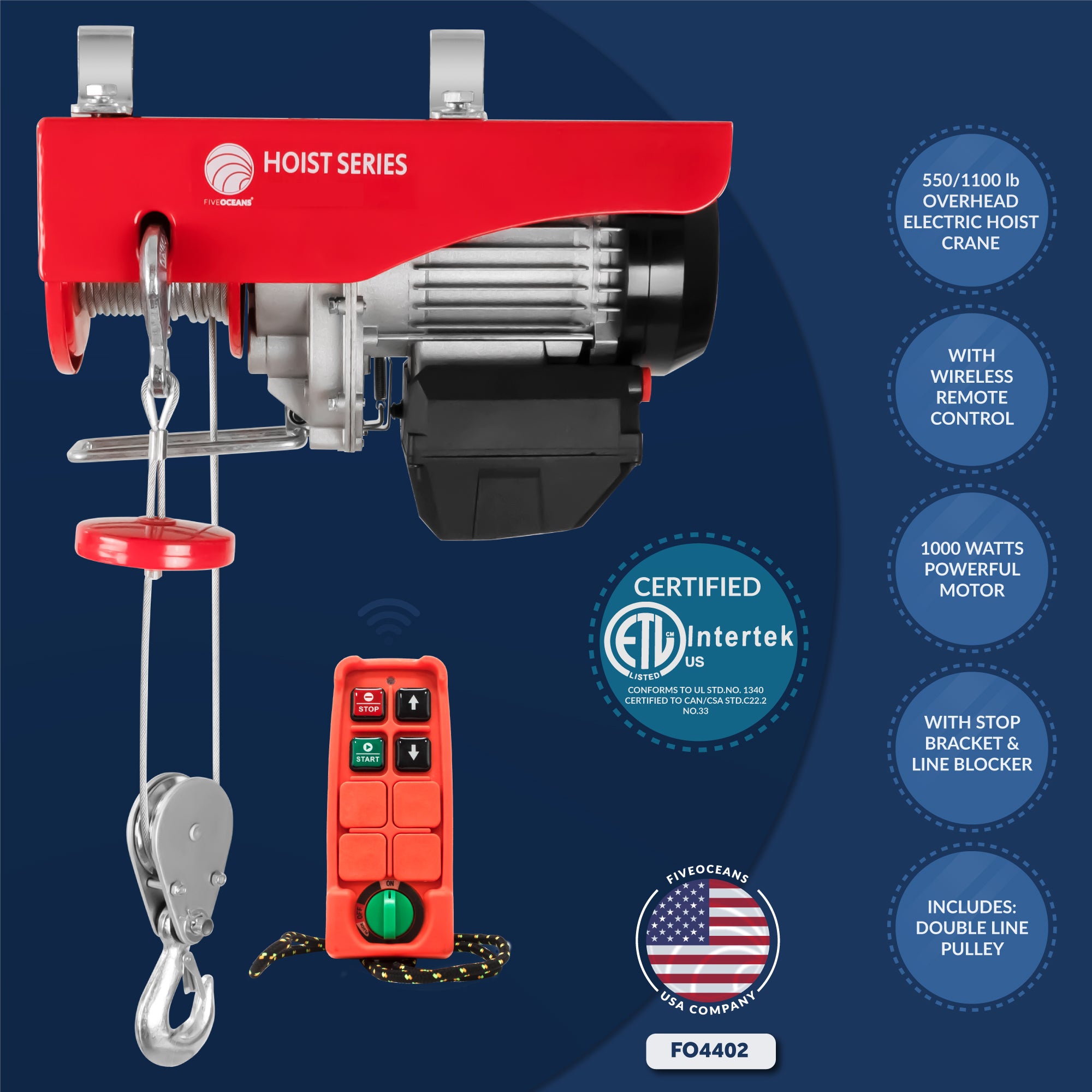 Electric Hoist, 1100 Lb Electric Winch, Wireless Remote Control 110V - FO4402 - Five Oceans