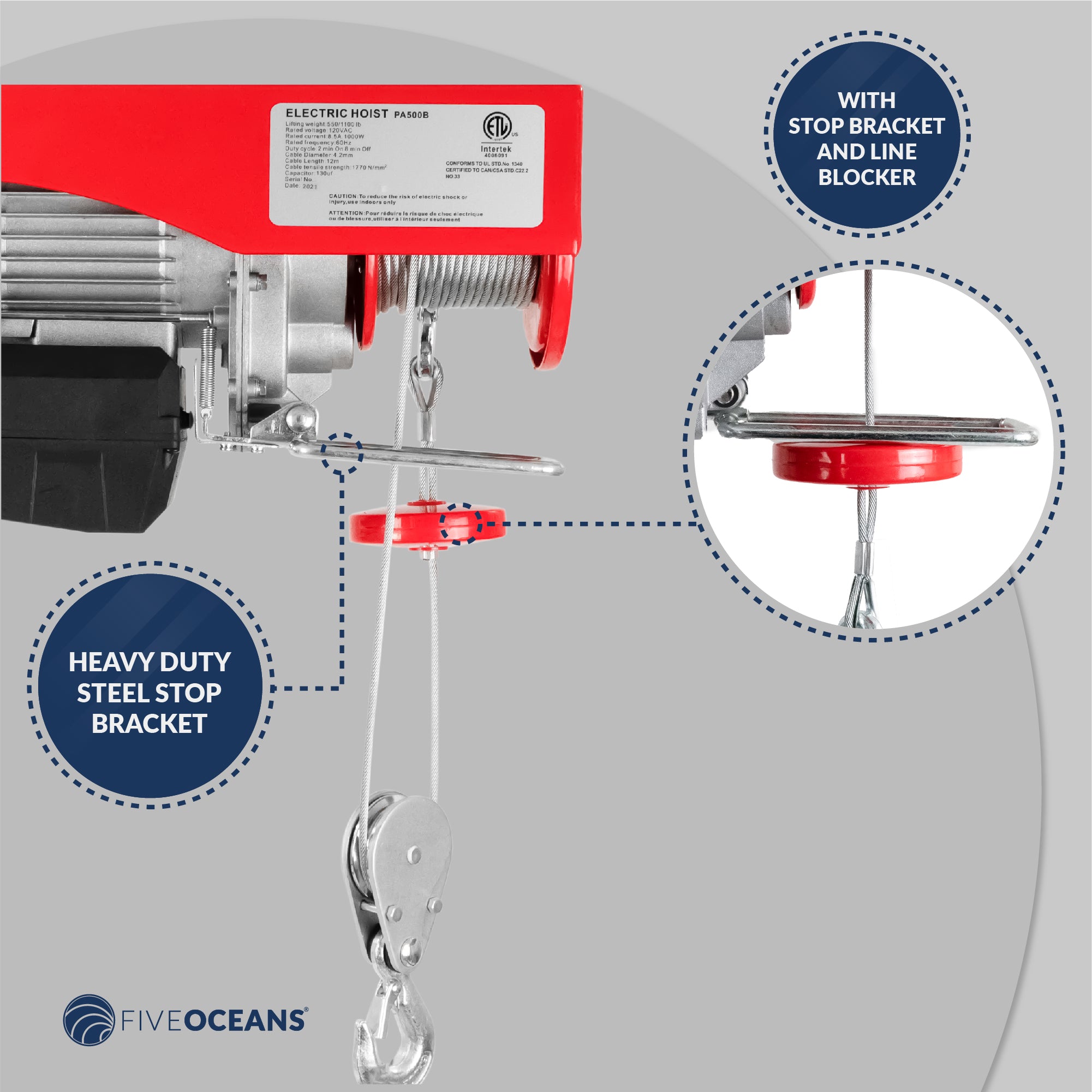 Electric Hoist, 1100 Lb Electric Winch, Wireless Remote Control 110V - FO4402 - Five Oceans
