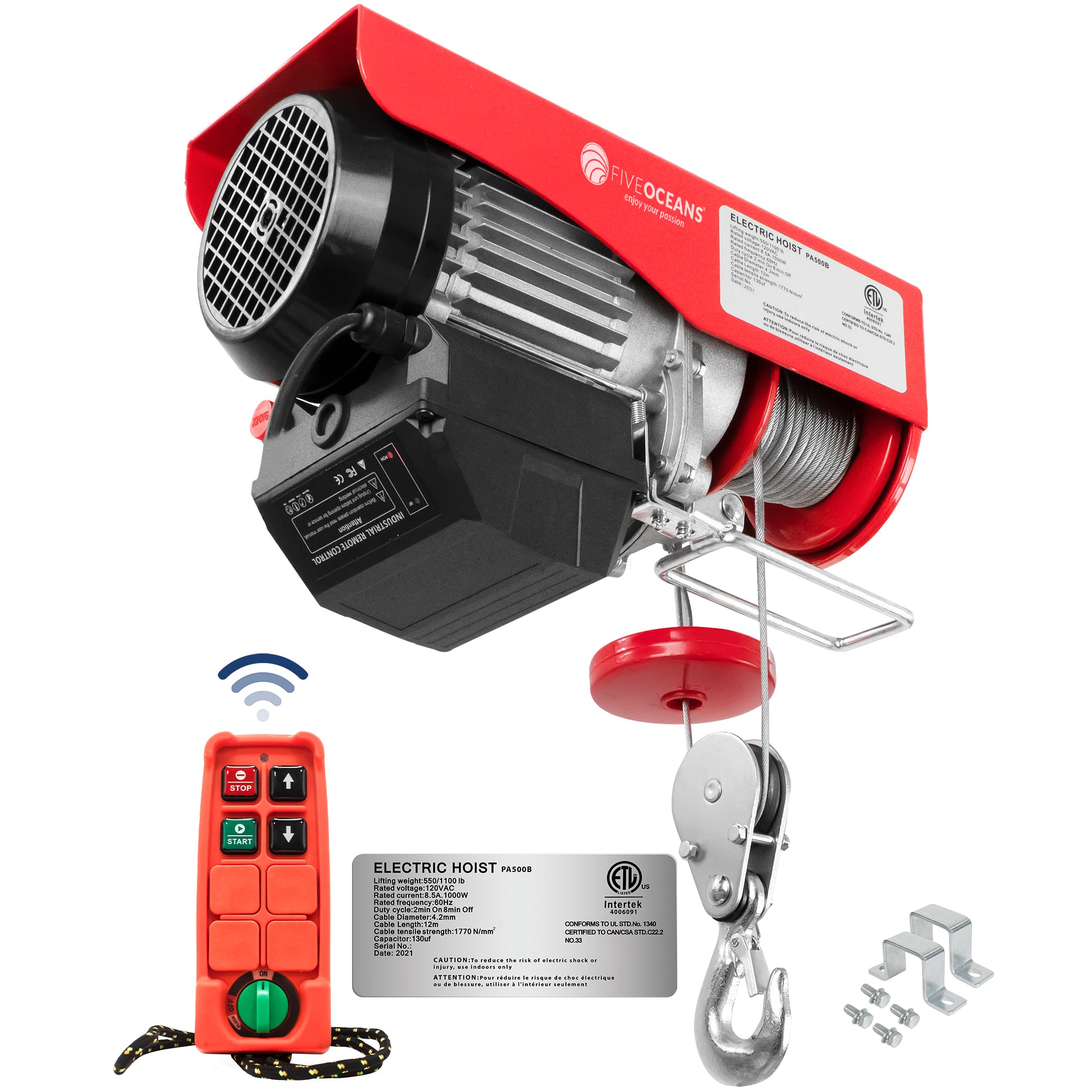 Electric Hoist, 1100 Lb Electric Winch, Wireless Remote Control 110V - FO4402 - Five Oceans