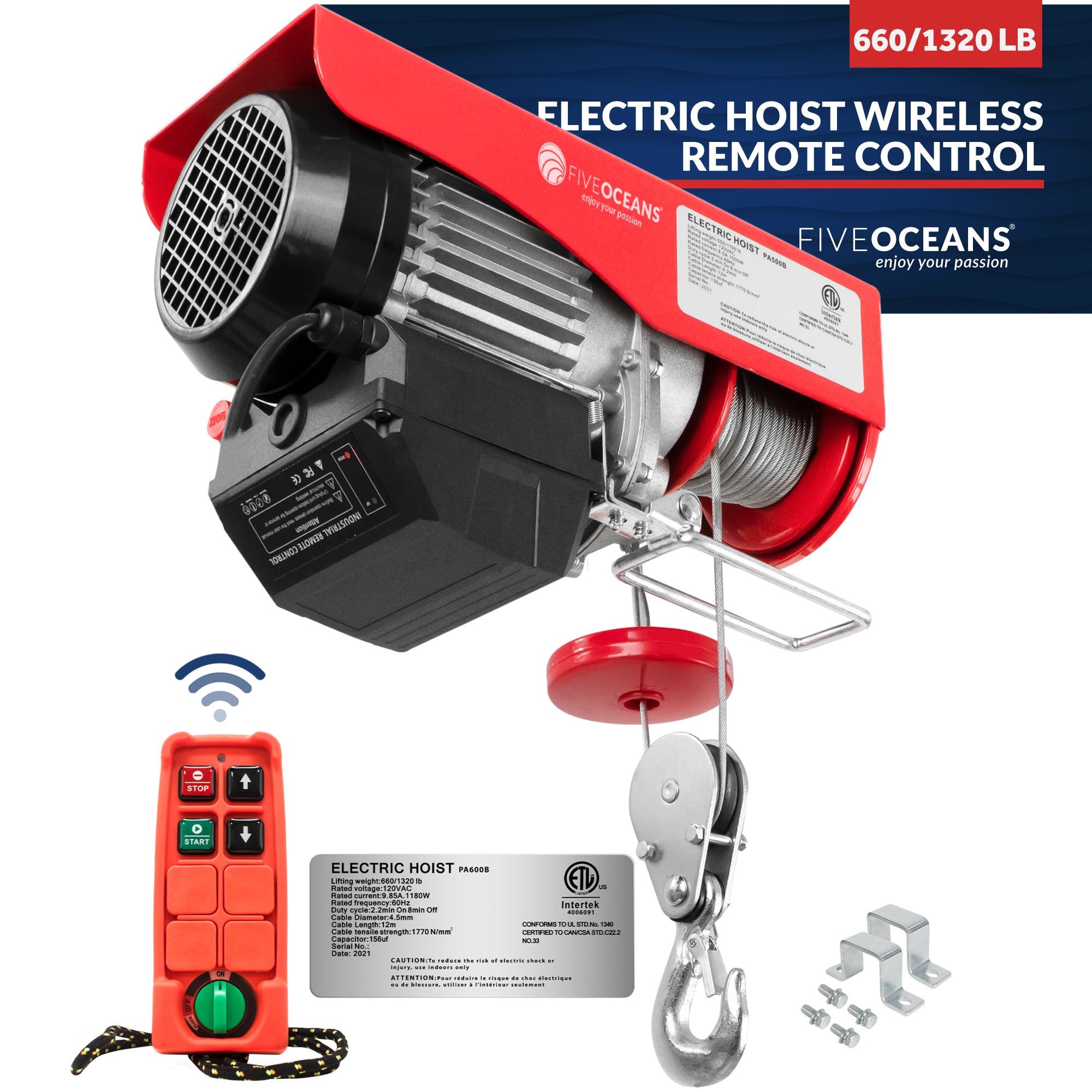 Electric Hoist, 1320 Lb Electric Winch, Wireless Remote Control 110V - FO4403 - Five Oceans