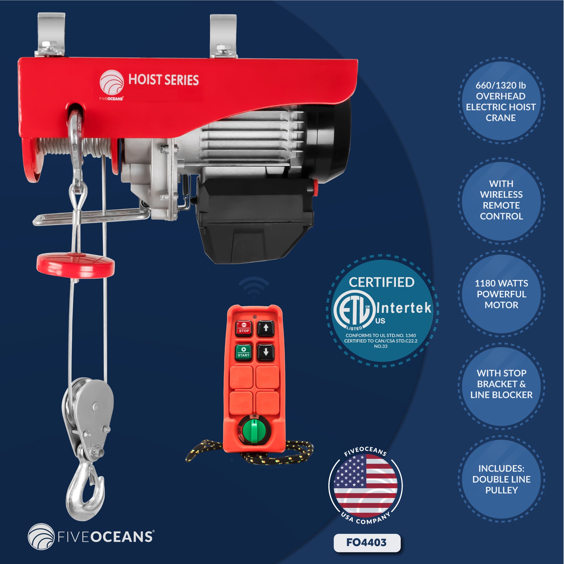 Electric Hoist, 1320 Lb Electric Winch, Wireless Remote Control 110V - FO4403 - Five Oceans