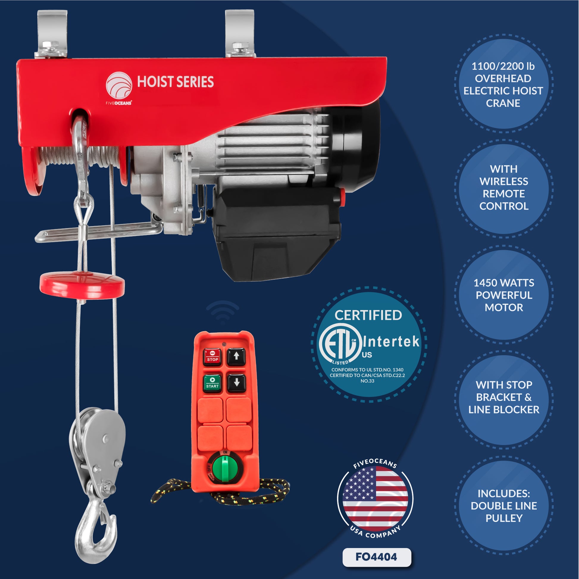 Electric Hoist, 2200 Lb Electric Winch, Wireless Remote Control 110V - FO4404 - Five Oceans