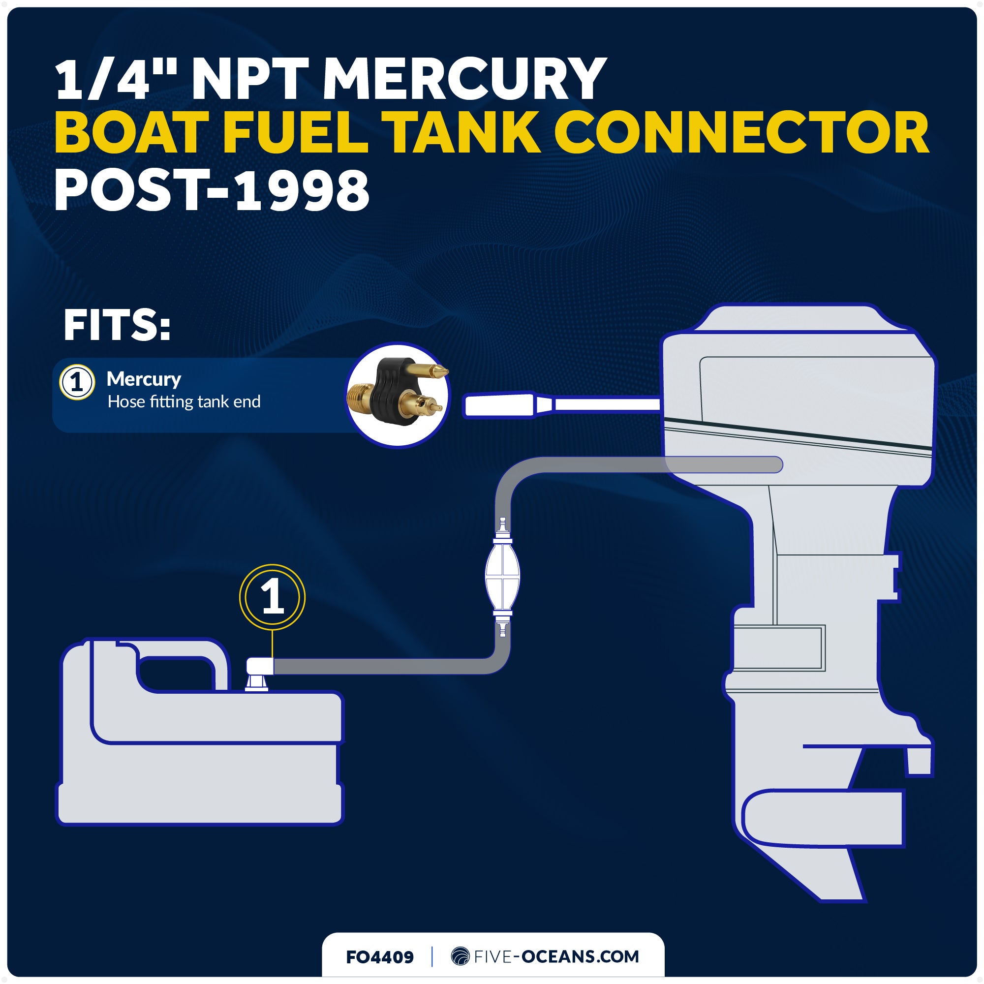 1/4" Male Fuel Tank Connector for Mercury Female Fitting Tank End Post-1998, 2-Prong, Brass - FO4409