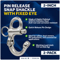 2" Pin Release Snap Shackle with Fixed Eye, AISI316 Stainless Steel, 2-Pack