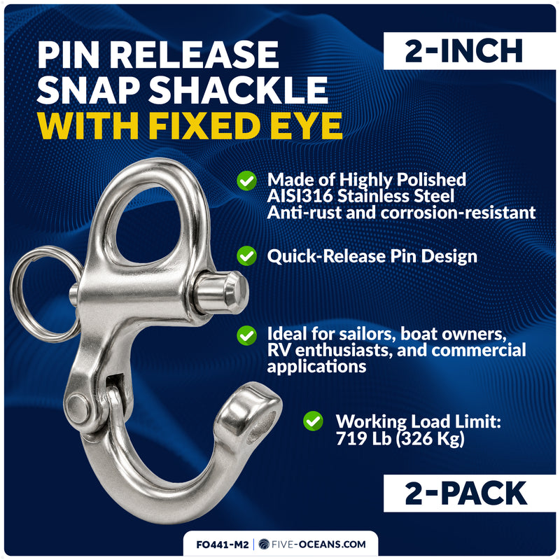 2" Pin Release Snap Shackle with Fixed Eye, AISI316 Stainless Steel, 2-Pack
