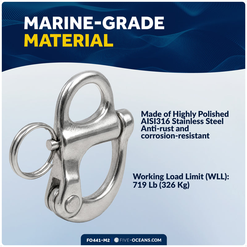 2" Pin Release Snap Shackle with Fixed Eye, AISI316 Stainless Steel, 2-Pack
