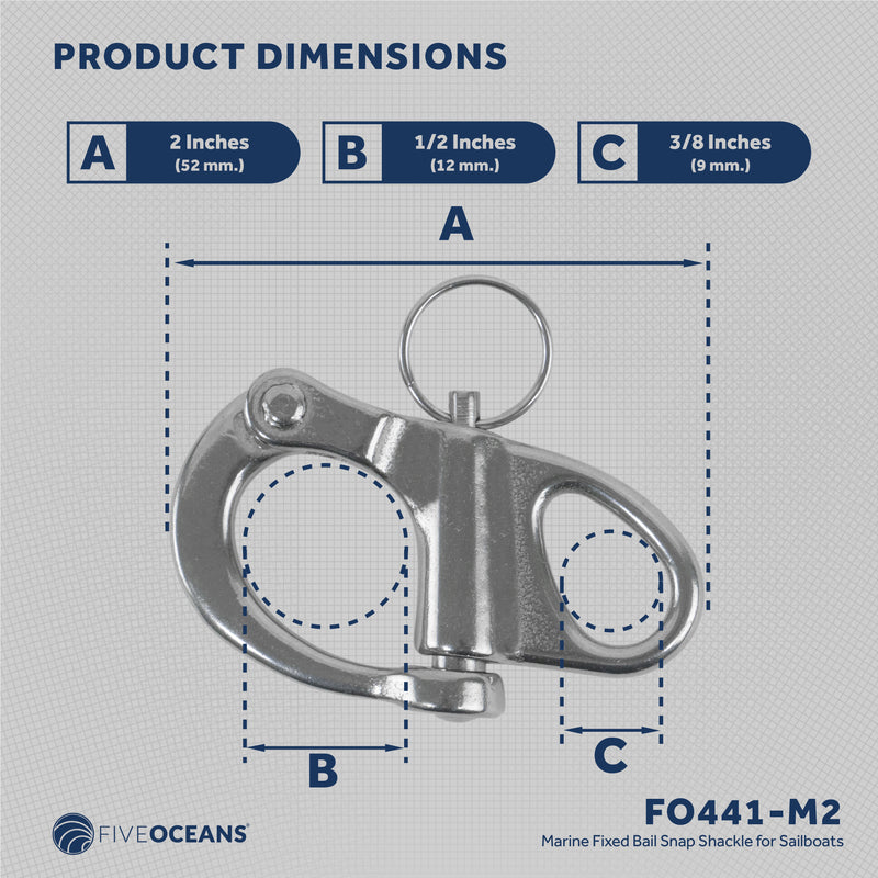 2" Pin Release Snap Shackle with Fixed Eye, AISI316 Stainless Steel, 2-Pack - FO441-M2 - Five Oceans