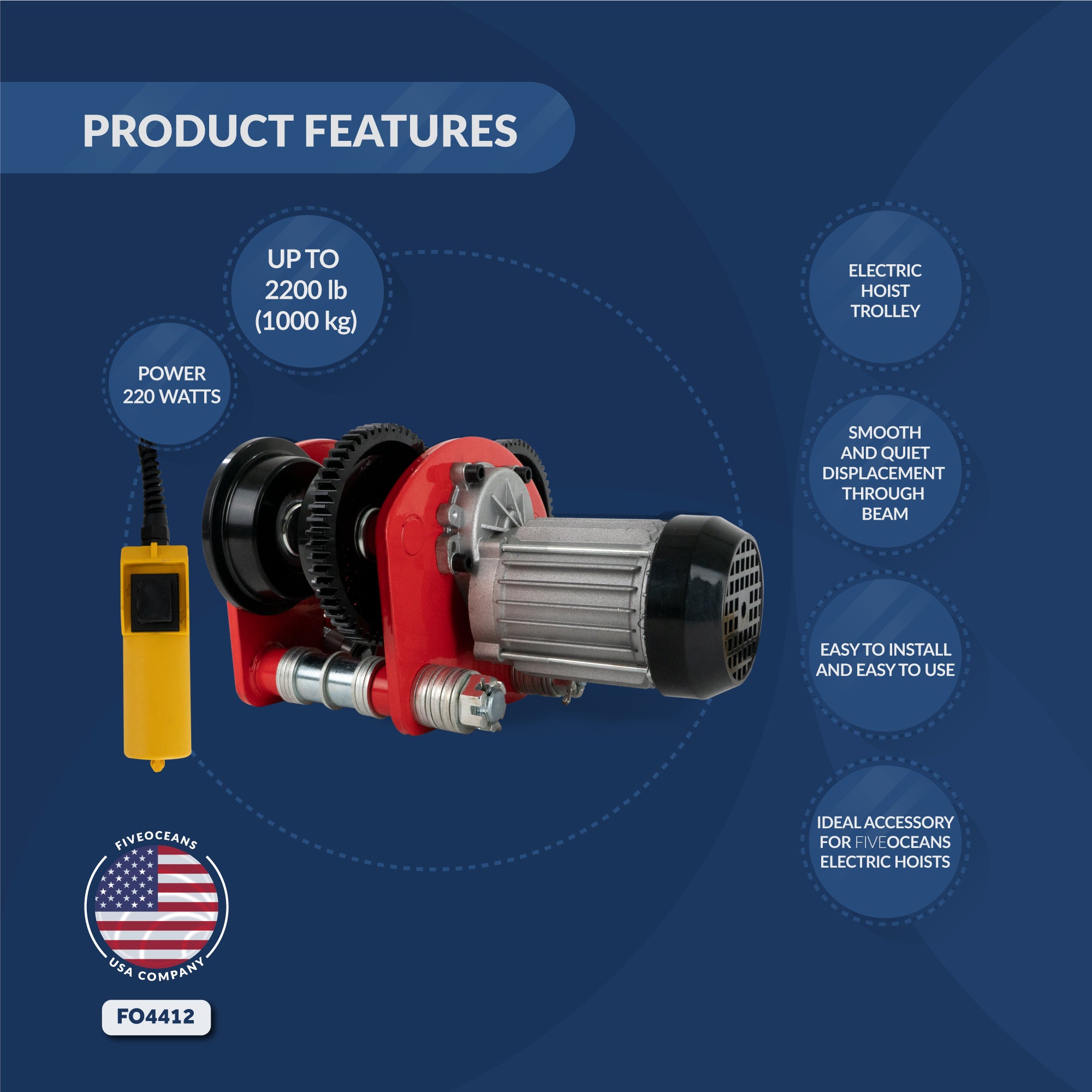 Electric Hoist Trolley Up to 2200 lb (1 ton),  6 ft Remote Control, 120 Volts / 60 hz, 220 W power - FO4412 - Five Oceans