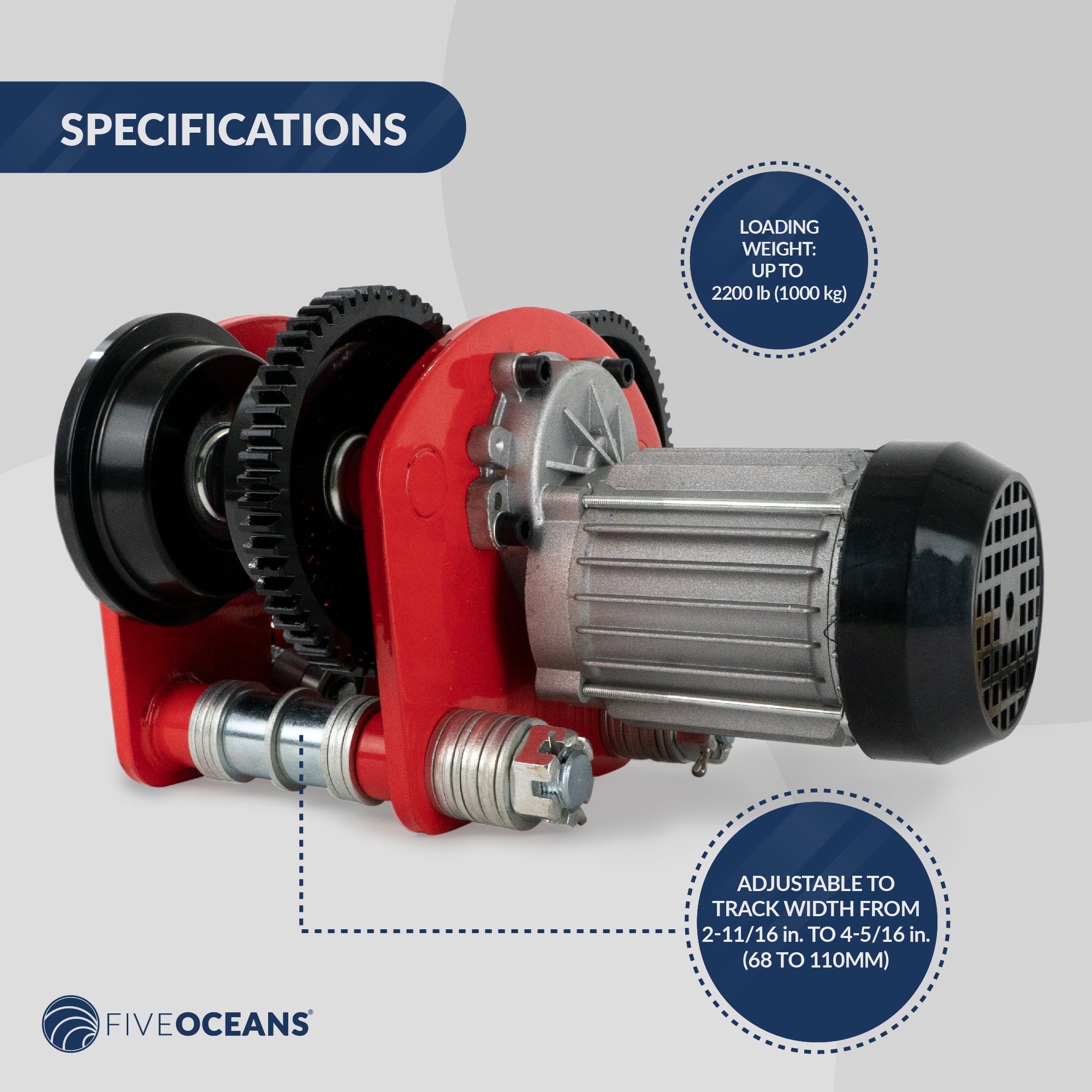 Electric Hoist Trolley Up to 2200 lb (1 ton),  6 ft Remote Control, 120 Volts / 60 hz, 220 W power - FO4412 - Five Oceans