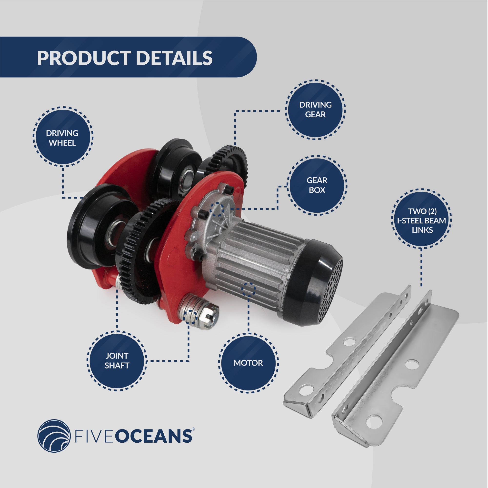 Electric Hoist Trolley Up to 2200 lb (1 ton),  6 ft Remote Control, 120 Volts / 60 hz, 220 W power - FO4412 - Five Oceans