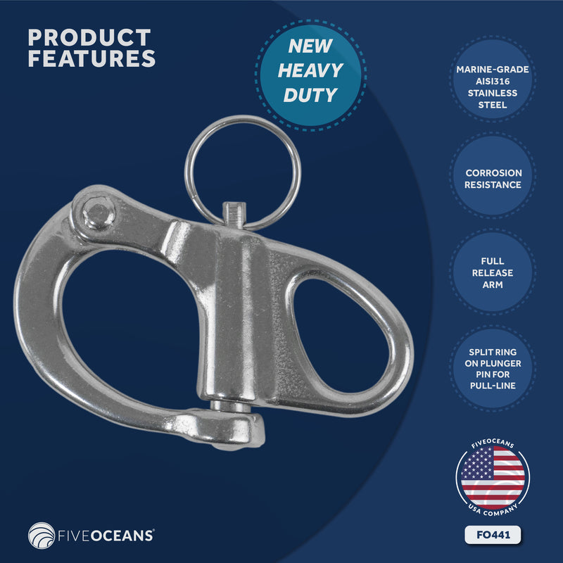 2" Pin Release Snap Shackle with Fixed Eye, AISI316 Stainless Steel - FO441 - Five Oceans