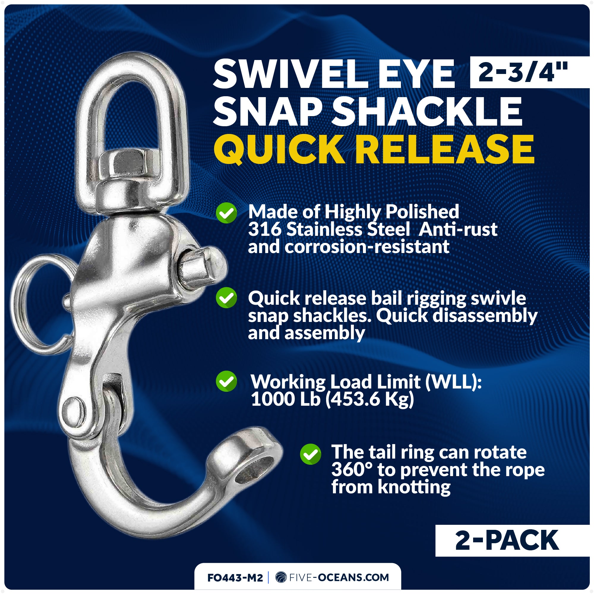 2-3/4" Pin Release Snap Shackle with Swivel Eye, AISI316 Stainless Steel, 2-Pack - FO443-M2