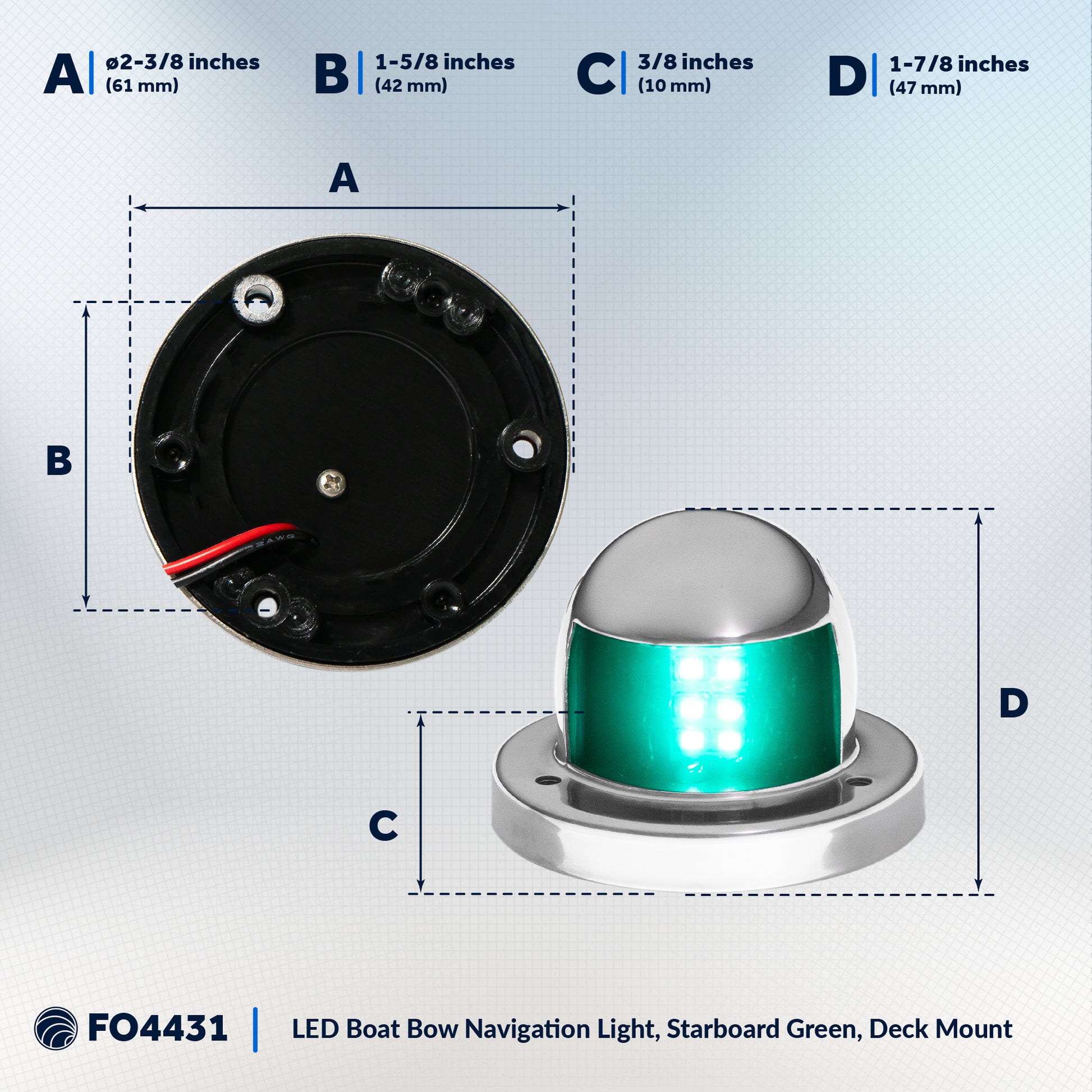 LED Bow Light, Green, Horizontal, 12V - FO4431 - Five Oceans