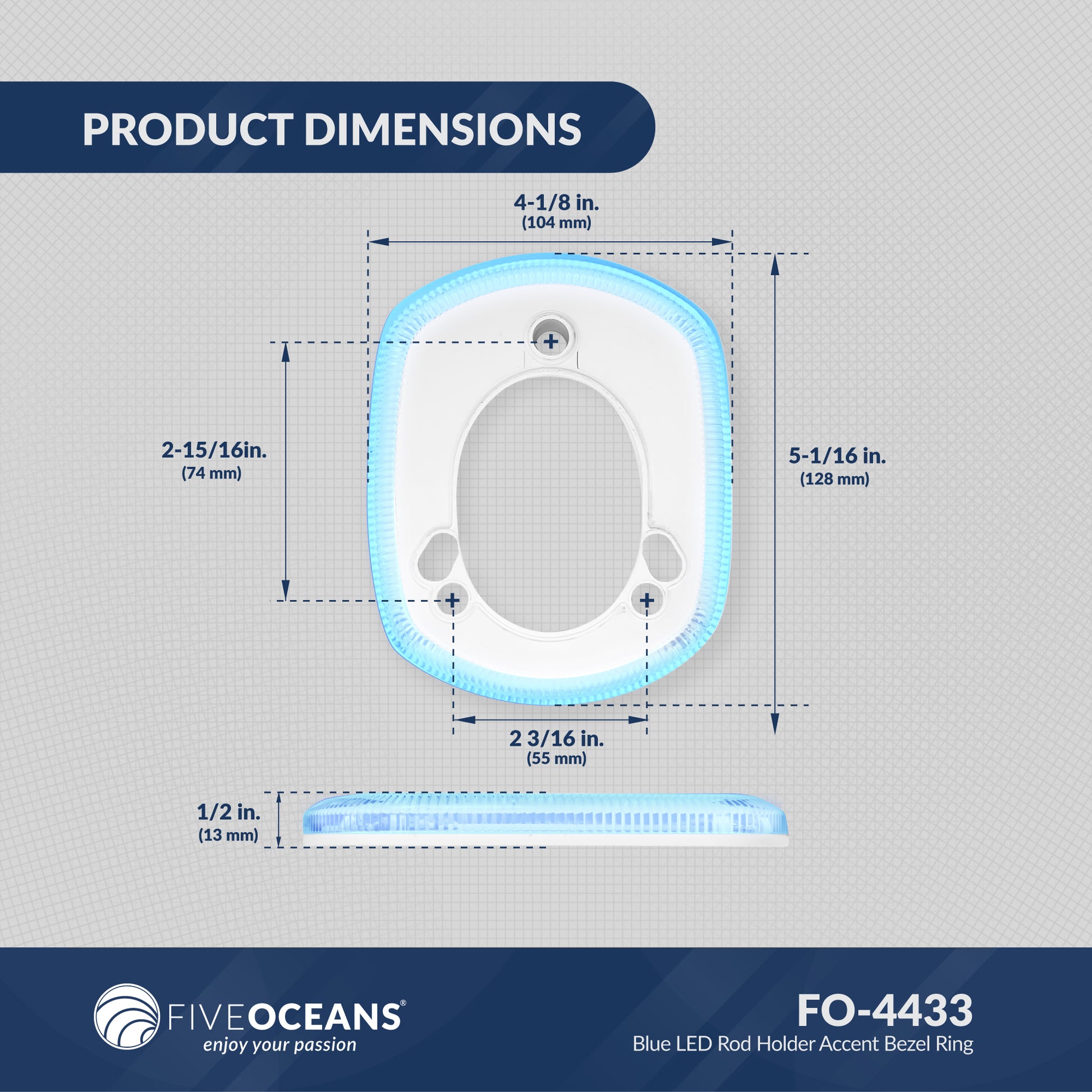 Blue LED Rod Holder Accent Bezel Ring, Fits All Five Oceans/Most Standard Rod Holders, Grade Marine Durable Materials, 12 Volts, 2-Pack, FO-4433-M2 - Five Oceans