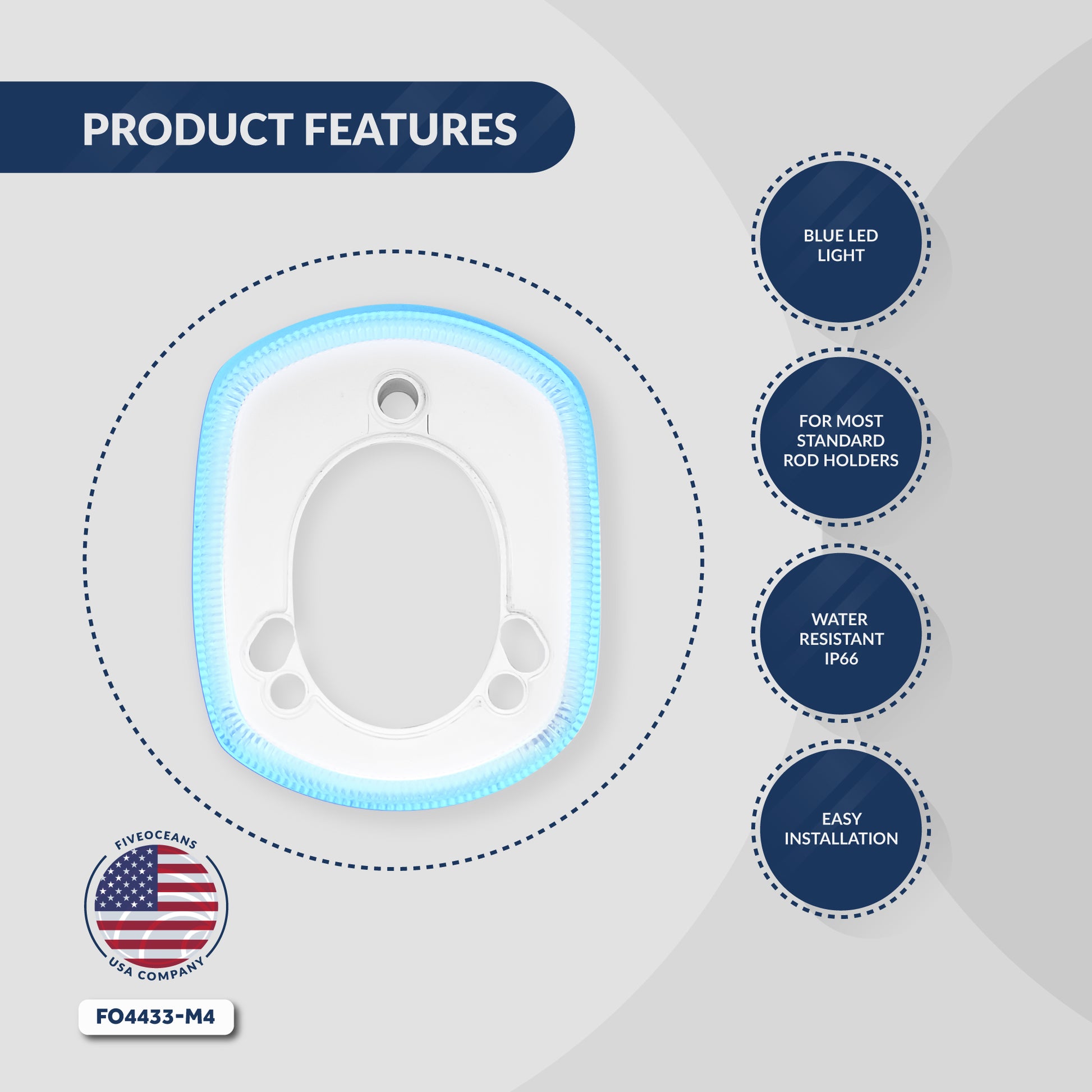 Blue LED Rod Holder Accent Bezel Ring, Fits All Five Oceans/Most Standard Rod Holders, Grade Marine Durable Materials, 12 Volts, 4-Pack, FO-4433-M4 - Five Oceans