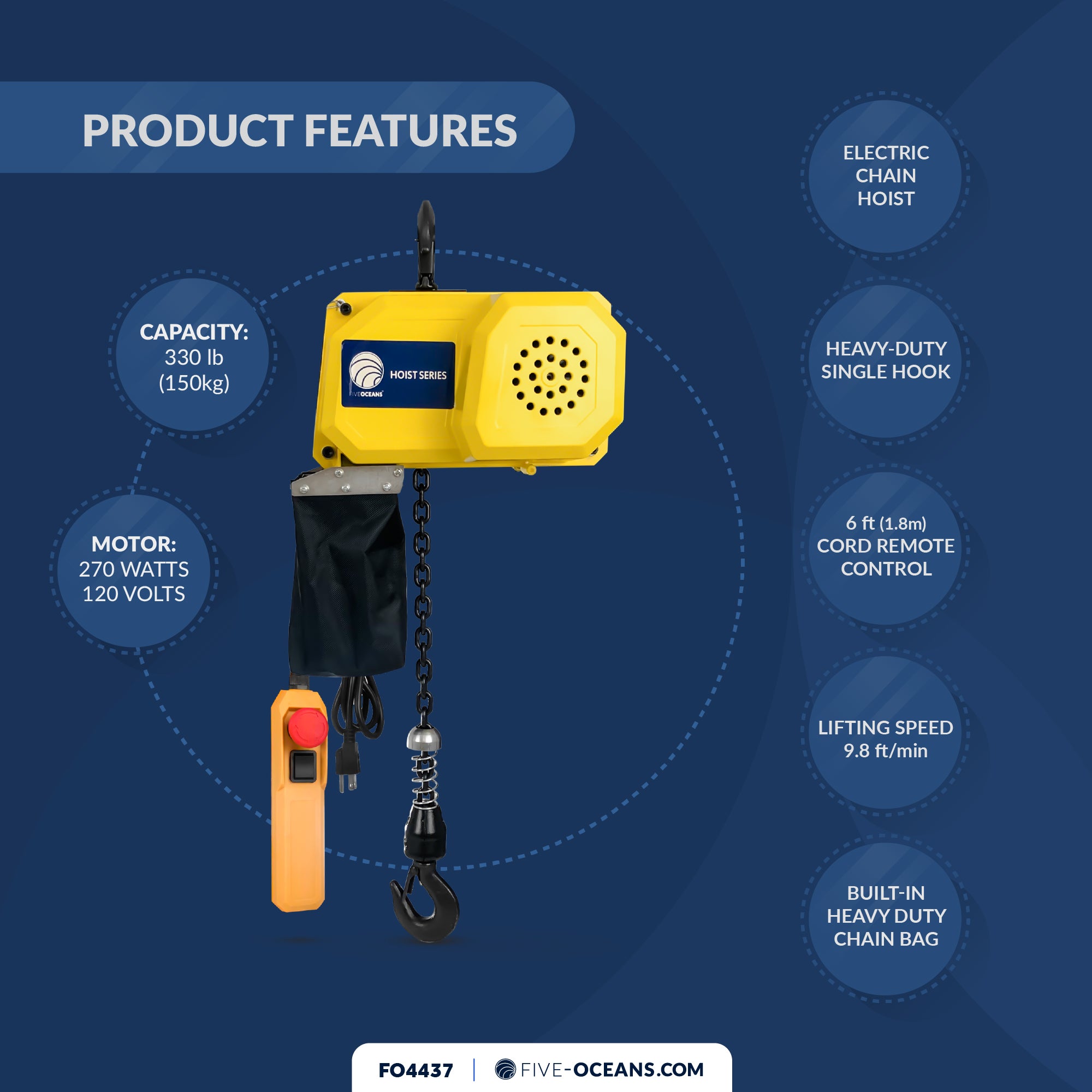 330Lb / 150Kg Electric Chain Hoist with 6Ft Cable Control, 120V AC - FO4437