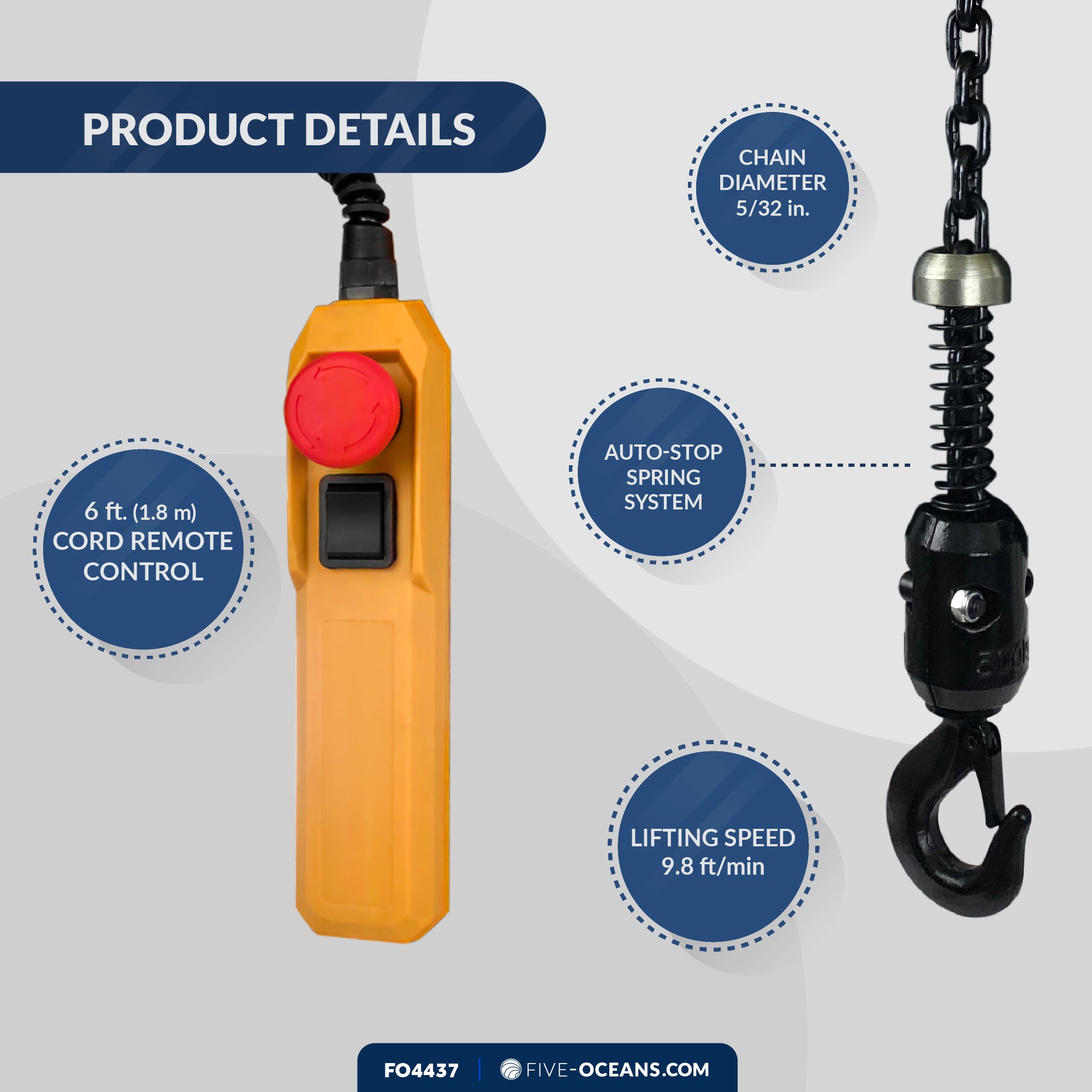330 Lb / 150 Kg Electric Chain Hoist with 6Ft Cable Control, 120V - FO4437