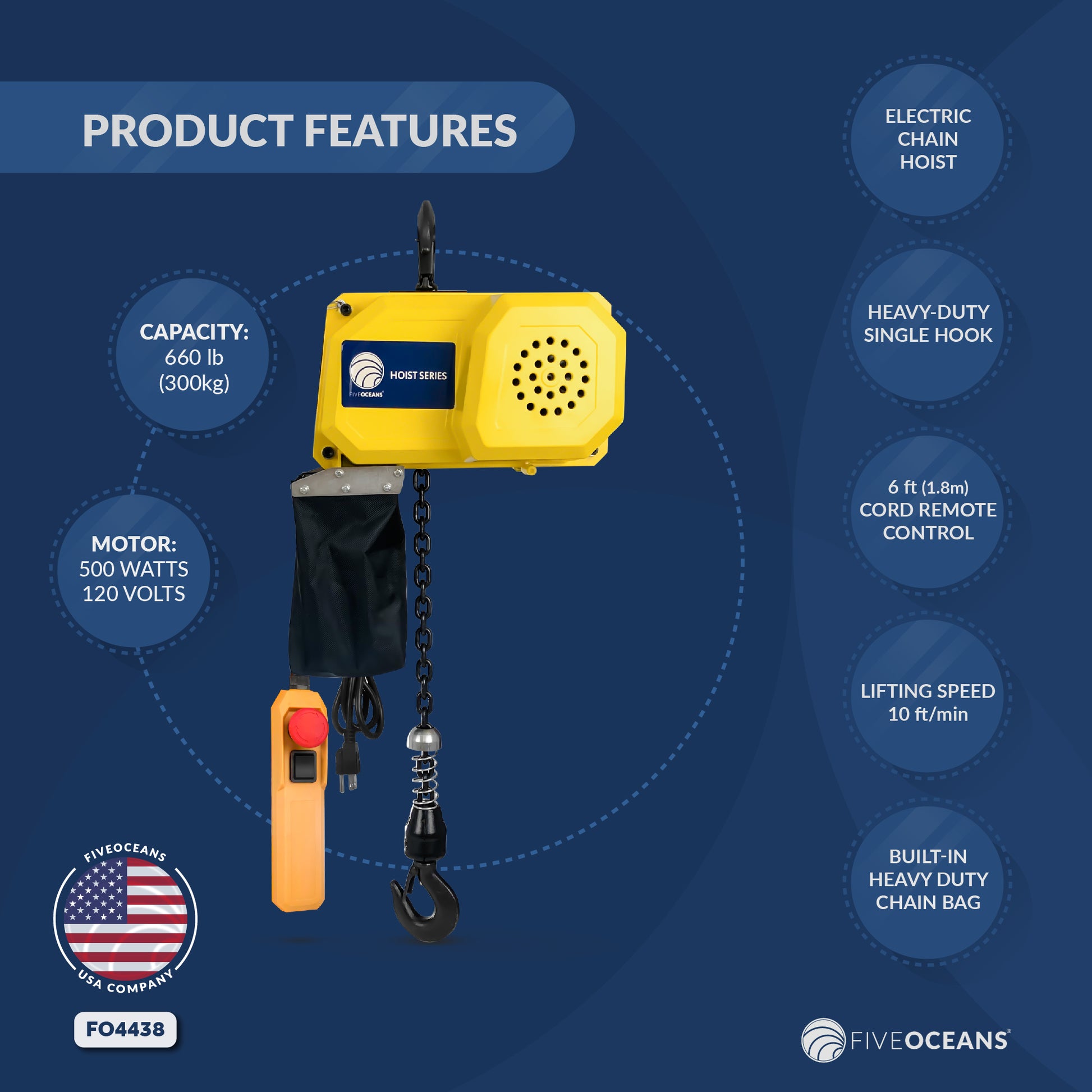 Electric Chain Hoist 660LBS / 300KG, 6 FT Remote Control, 120 V / 60 HZ - FO4438 - Five Oceans