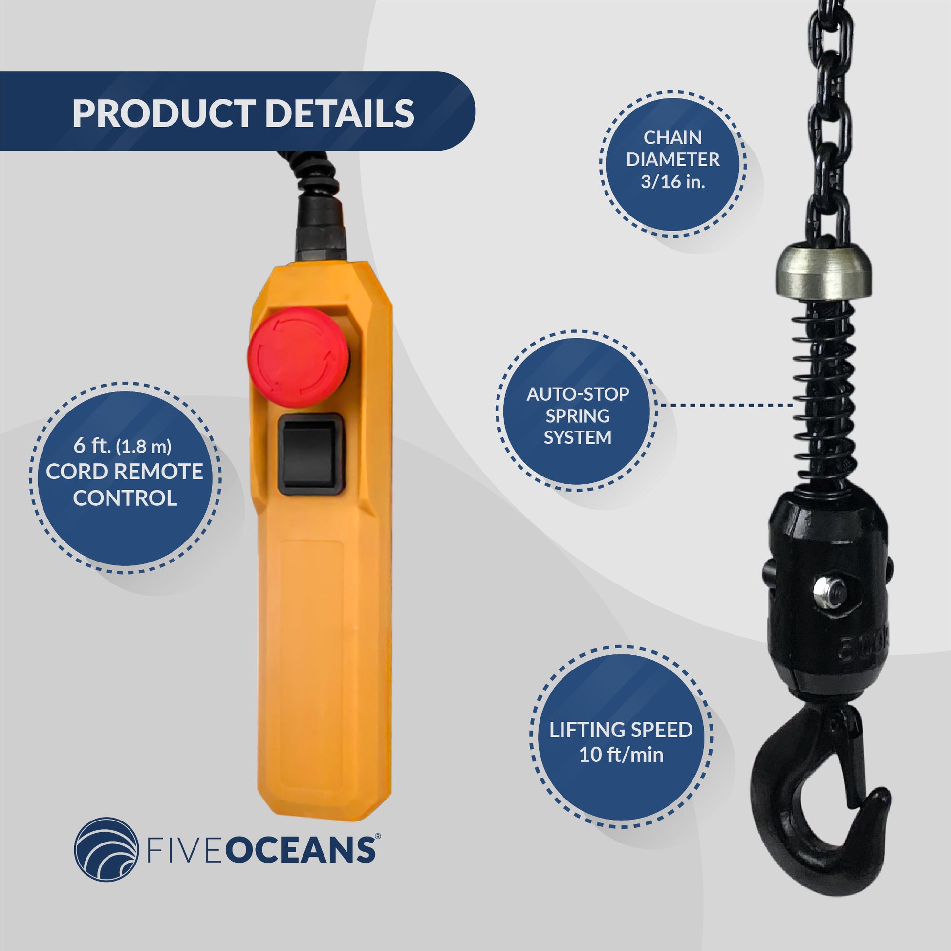 Electric Chain Hoist 660LBS / 300KG, 6 FT Remote Control, 120 V / 60 HZ - FO4438 - Five Oceans